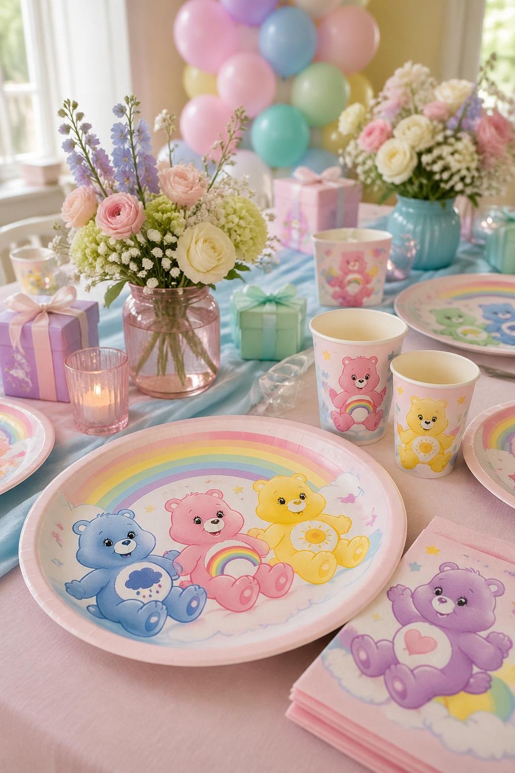 A pastel-colored baby shower table set with Care Bears themed plates and napkins, decorated with small flowers and balloons.