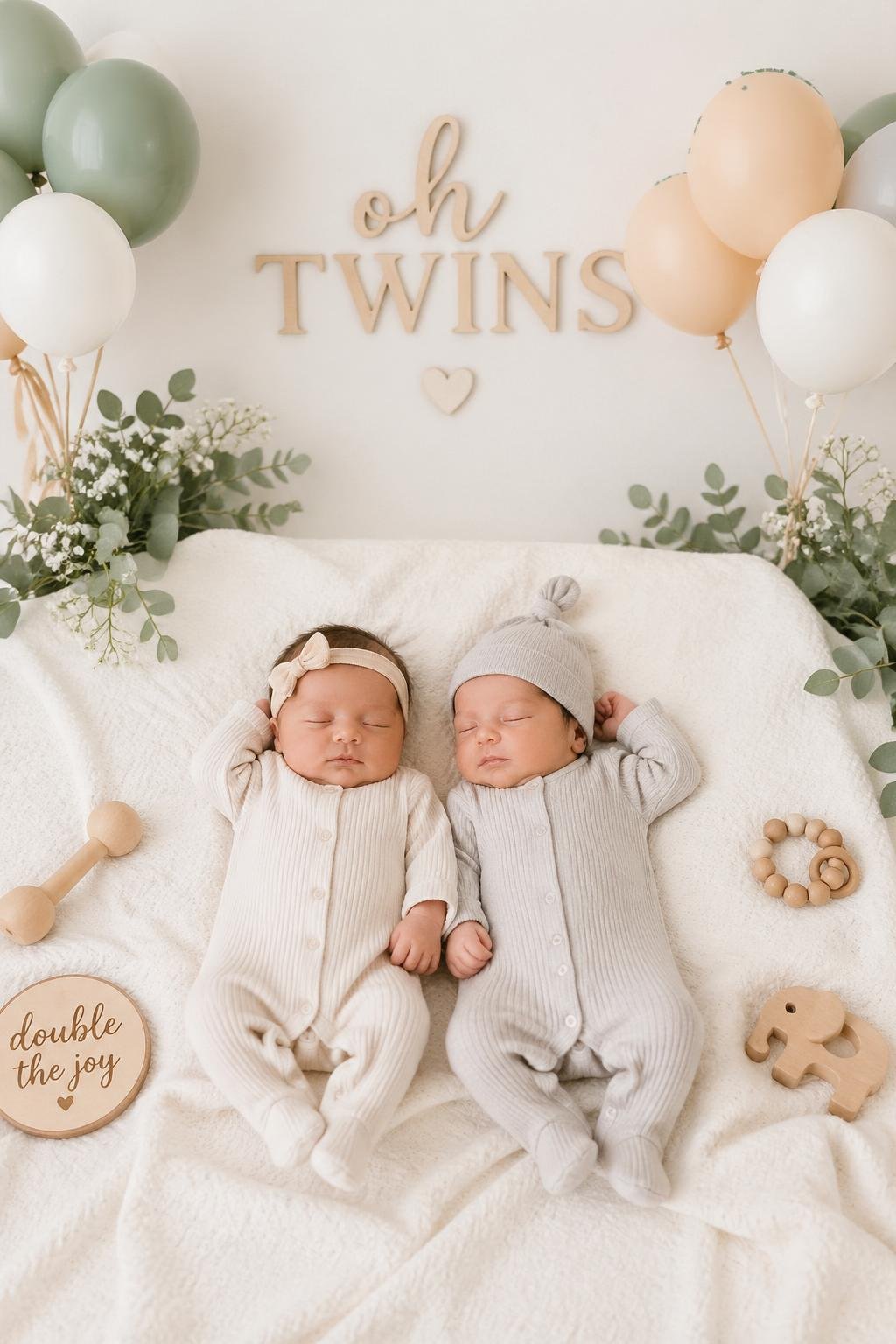 Two newborn babies lying side by side on a blanket surrounded by baby shower decorations.