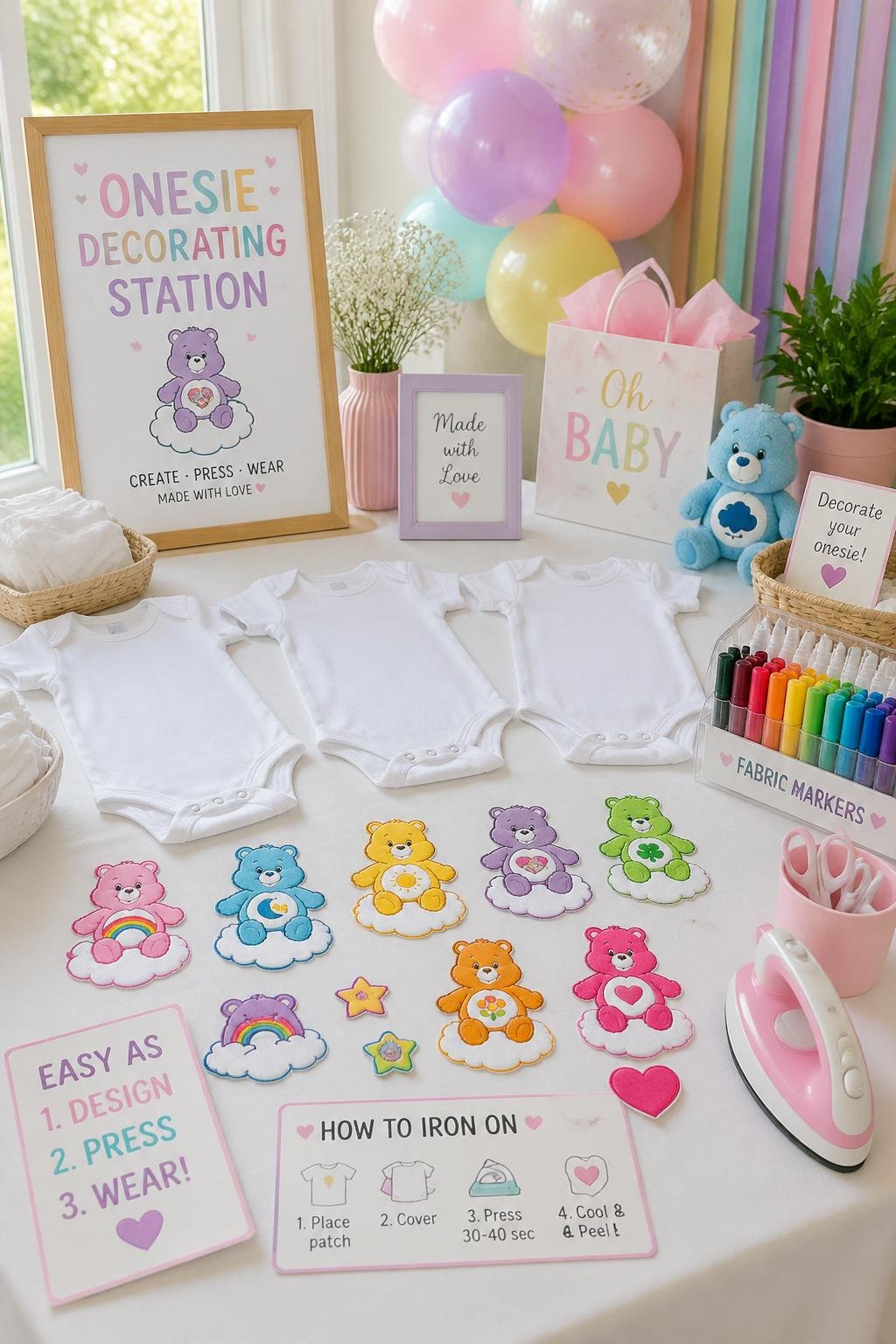 A baby shower decorating station with white baby onesies, colorful Care Bears iron-on patches, and crafting supplies arranged on a table.