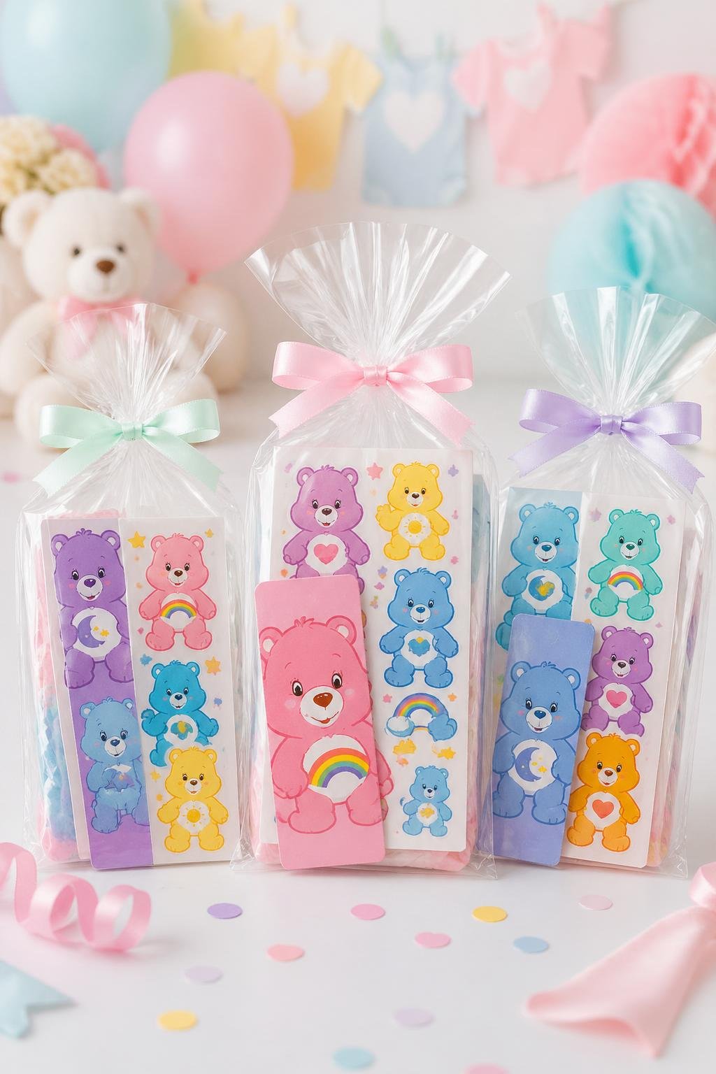 Mini Care Bears sticker packs and bookmarks inside clear favor bags surrounded by pastel baby shower decorations on a white surface.