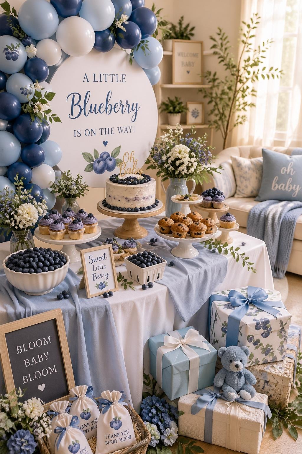 A baby shower setup decorated with blueberry-themed treats, balloons, and gifts on a table in a softly lit room.