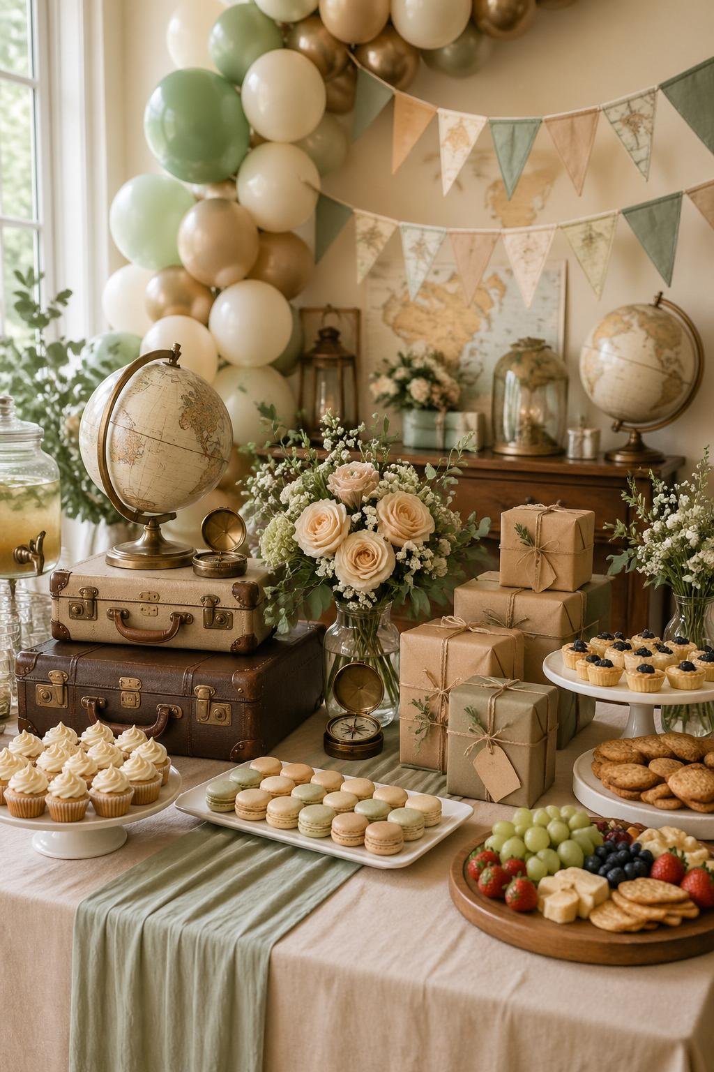 A decorated baby shower table with vintage suitcases, globes, floral arrangements, gifts, and balloons creating an adventure-themed celebration.