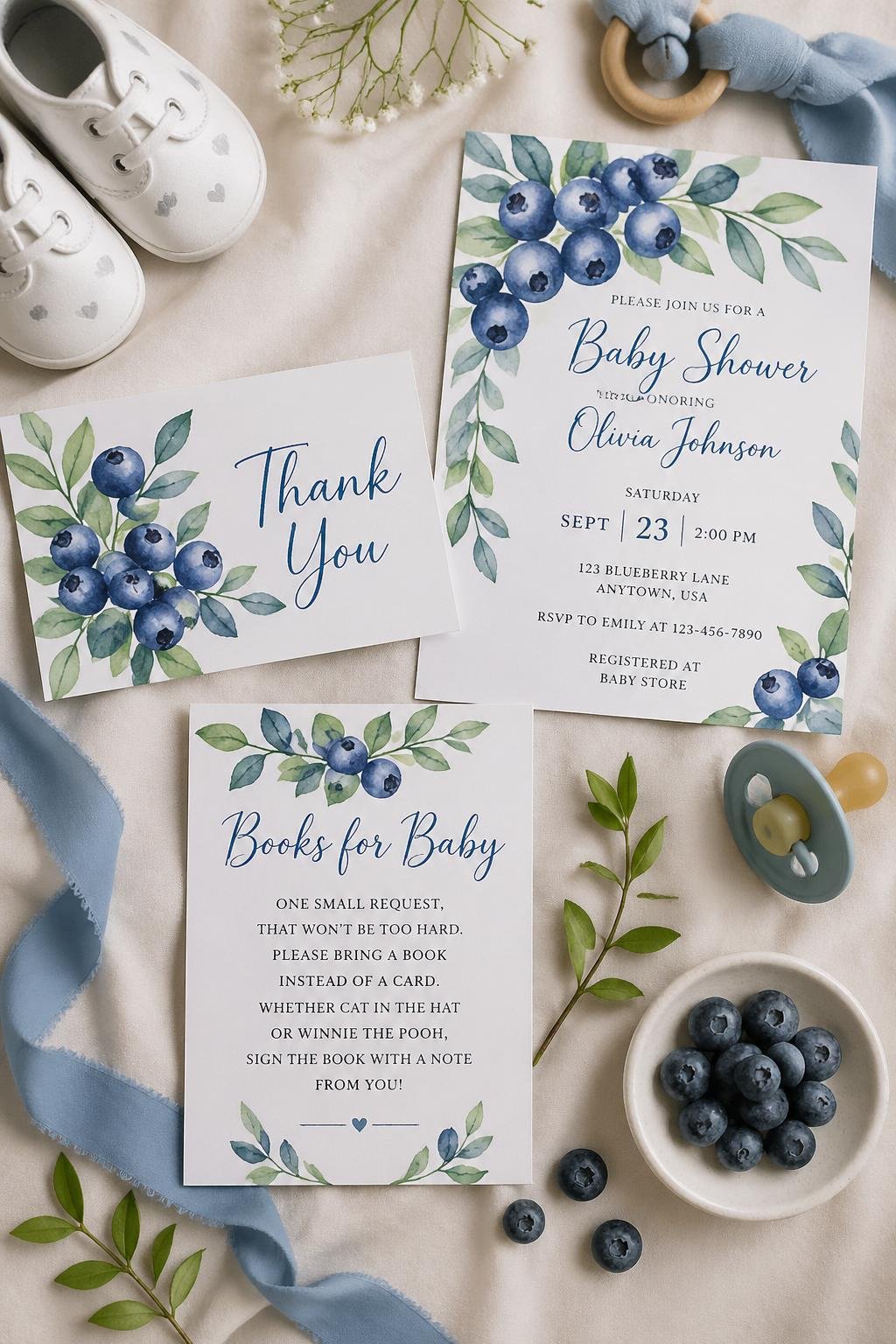 A set of invitation cards decorated with blueberry illustrations surrounded by baby shower decorations on a neutral background.