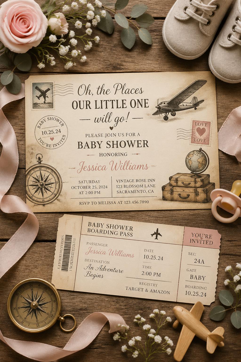 Flat lay of vintage travel-themed baby shower invitations surrounded by baby items and flowers on a wooden surface.