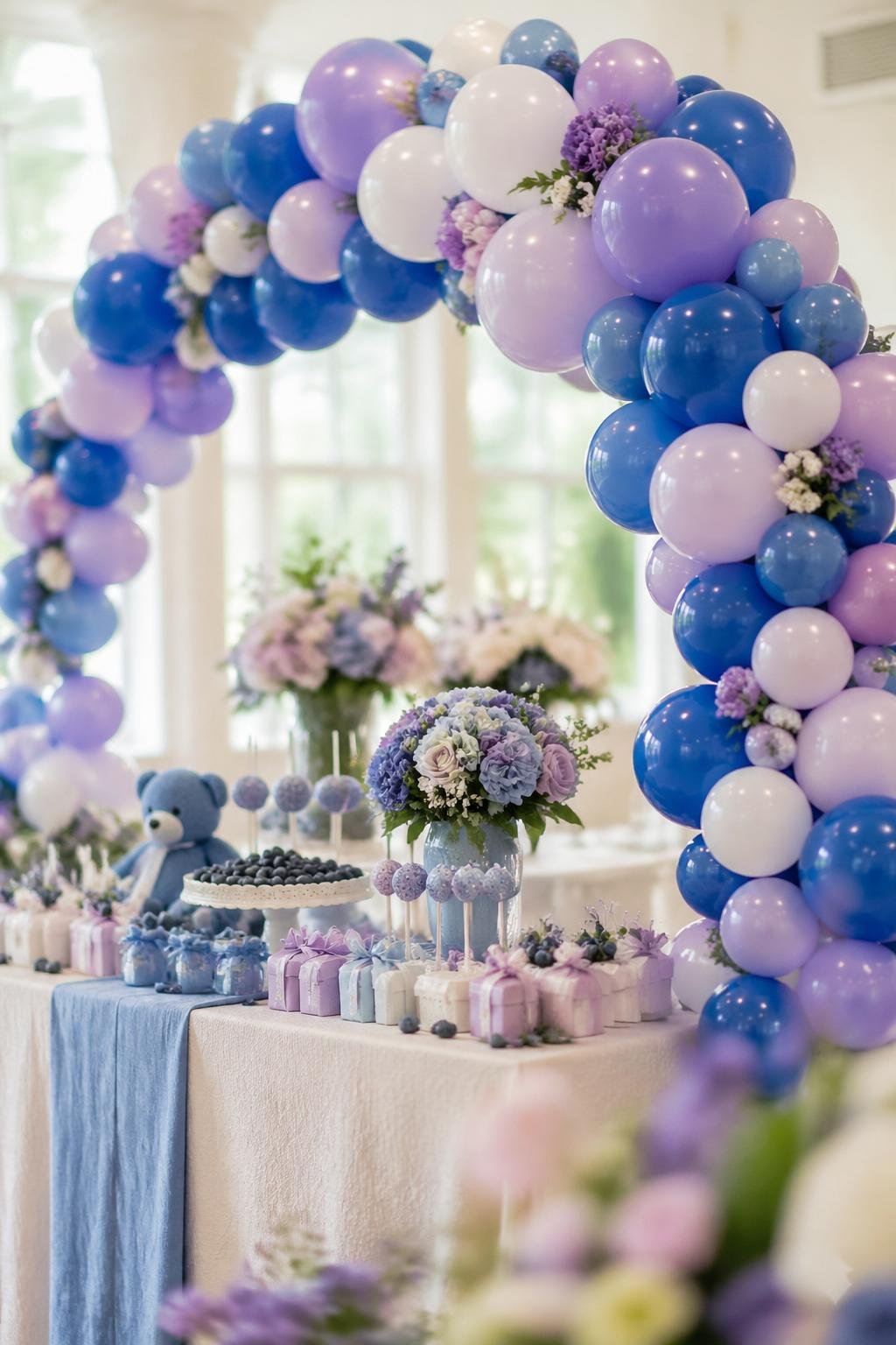 A blueberry-themed baby shower setup with a balloon arch in blue, white, and lavender over a decorated table with blueberry decorations and flowers.