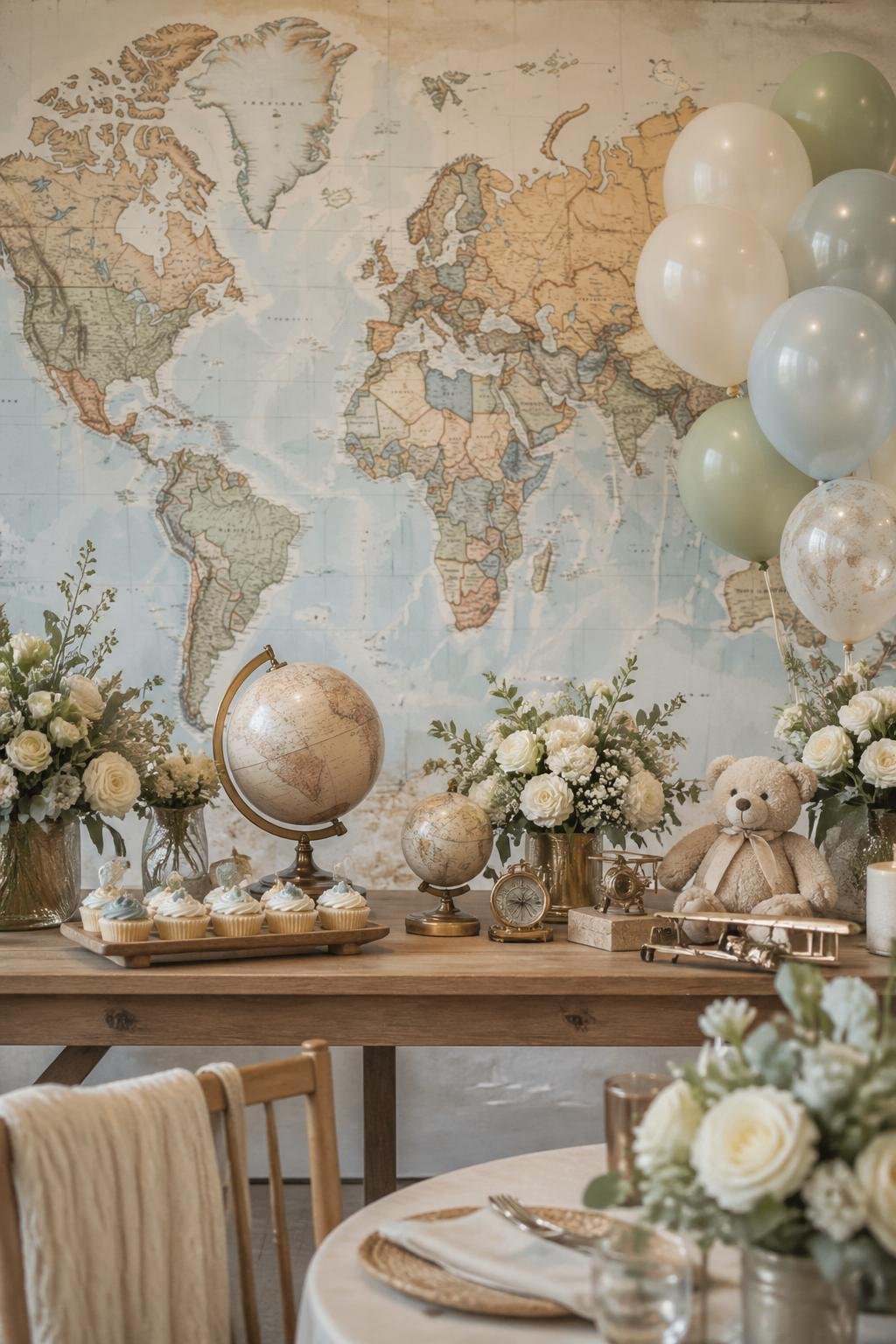 A baby shower setup with adventure-themed decorations in front of a large world map backdrop.