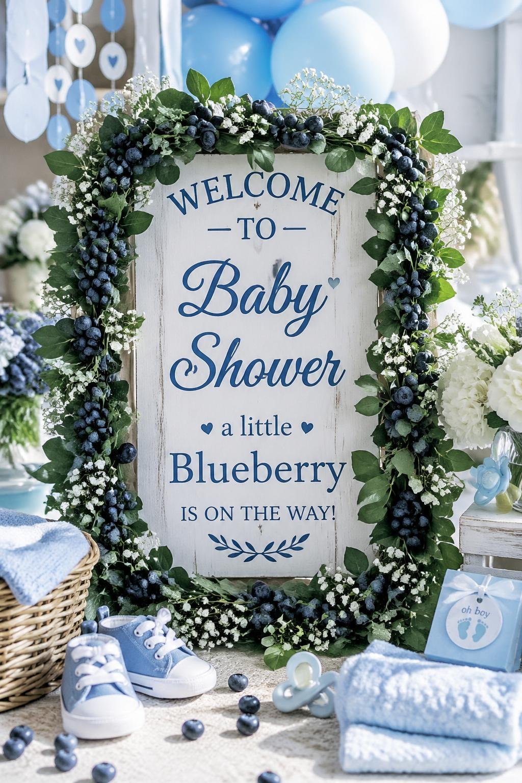 A baby shower welcome sign decorated with a blueberry and greenery garland surrounded by blue and white balloons and baby shower decorations.