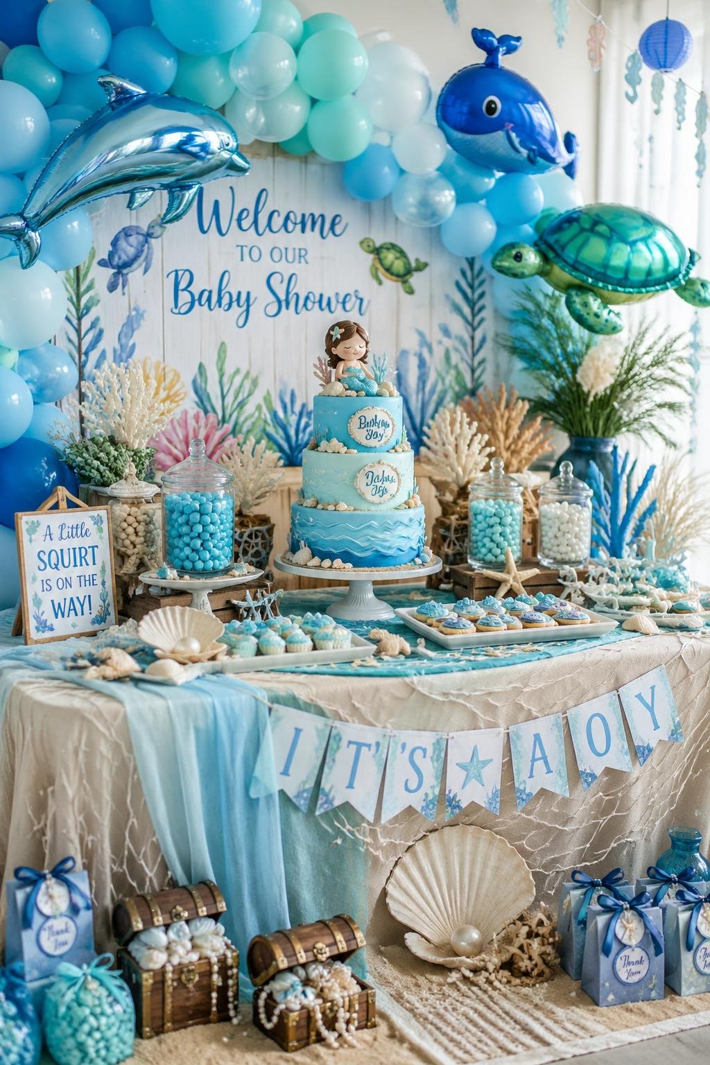 A baby shower setup decorated with ocean-themed items including seashells, starfish, balloons shaped like sea creatures, and a cake with ocean wave designs.
