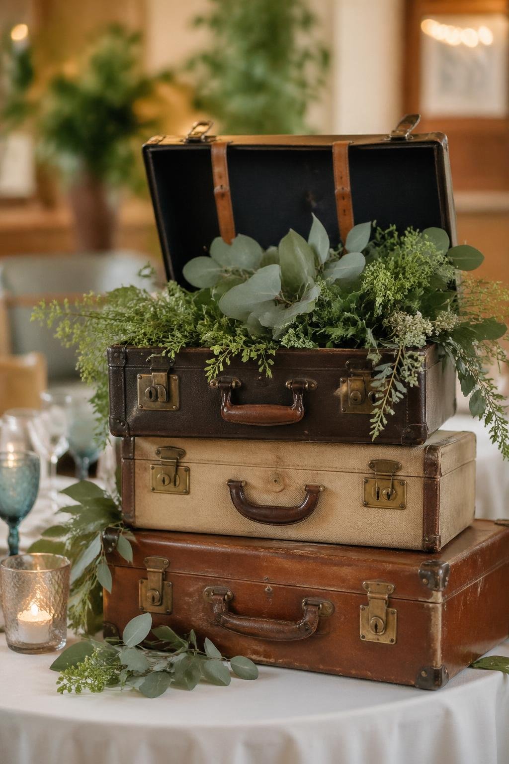 Stacked vintage suitcases filled with green plants arranged as centerpieces on a table.