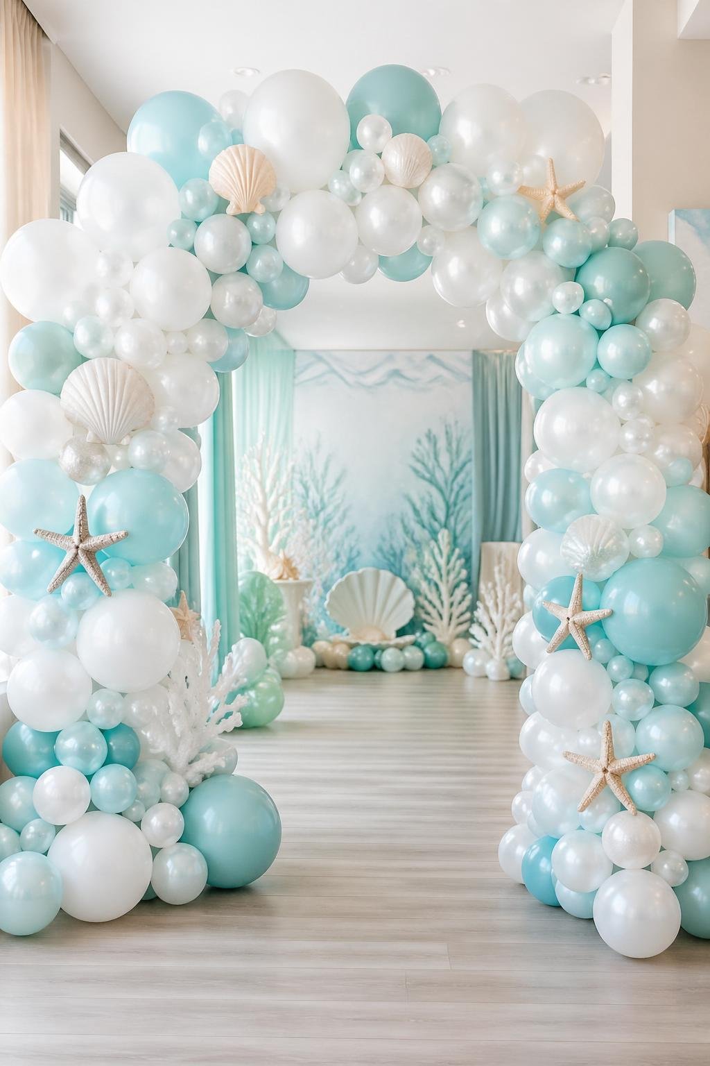 An entrance decorated with a balloon arch made of seafoam blue and pearl white balloons, with ocean-themed decorations in the background.