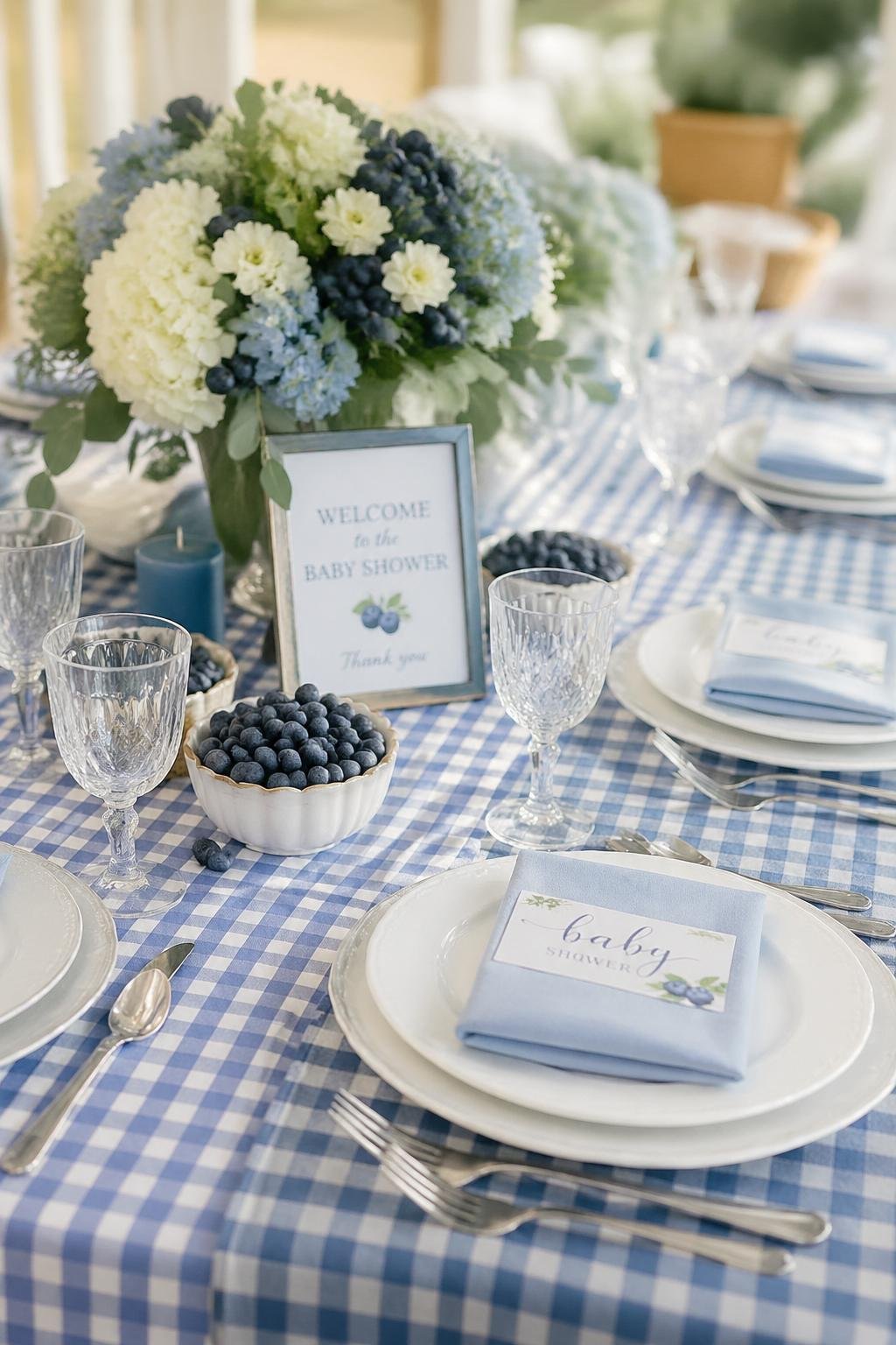 A table set with a blue gingham tablecloth and runner, decorated with fresh blueberries and pastel baby shower decorations.