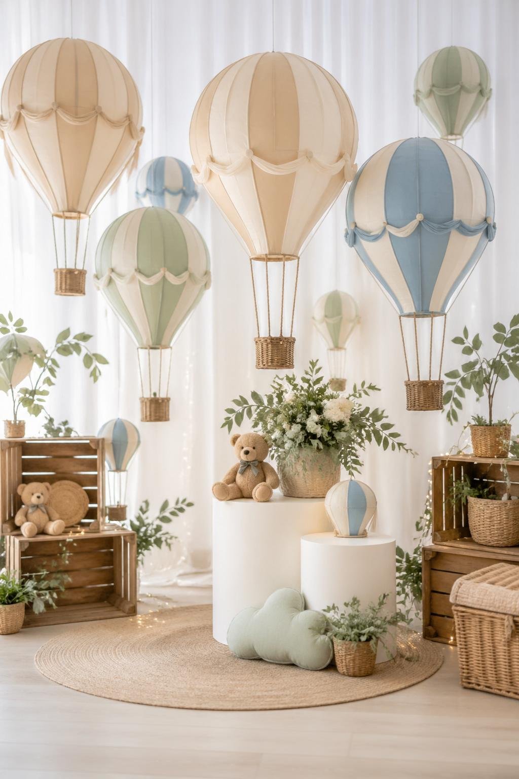 Decorative hot air balloons in beige, sage, and blue hanging above a baby shower setup with greenery and wooden accents.