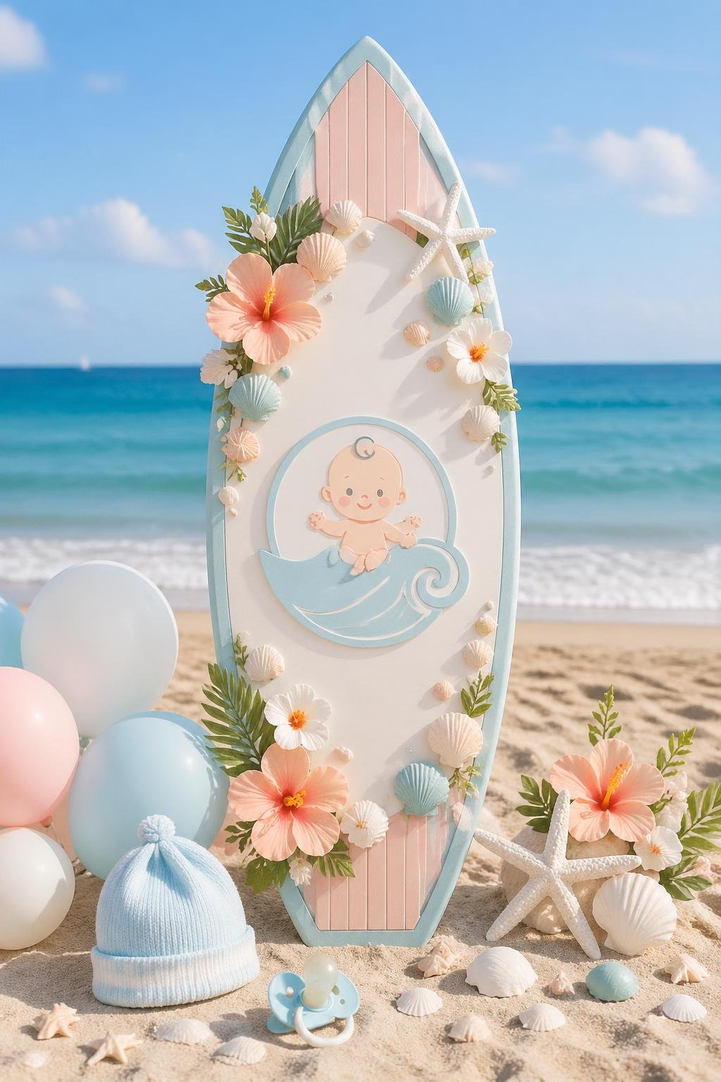 A surfboard-shaped welcome sign decorated with seashells and tropical flowers on a sandy beach with ocean waves in the background.