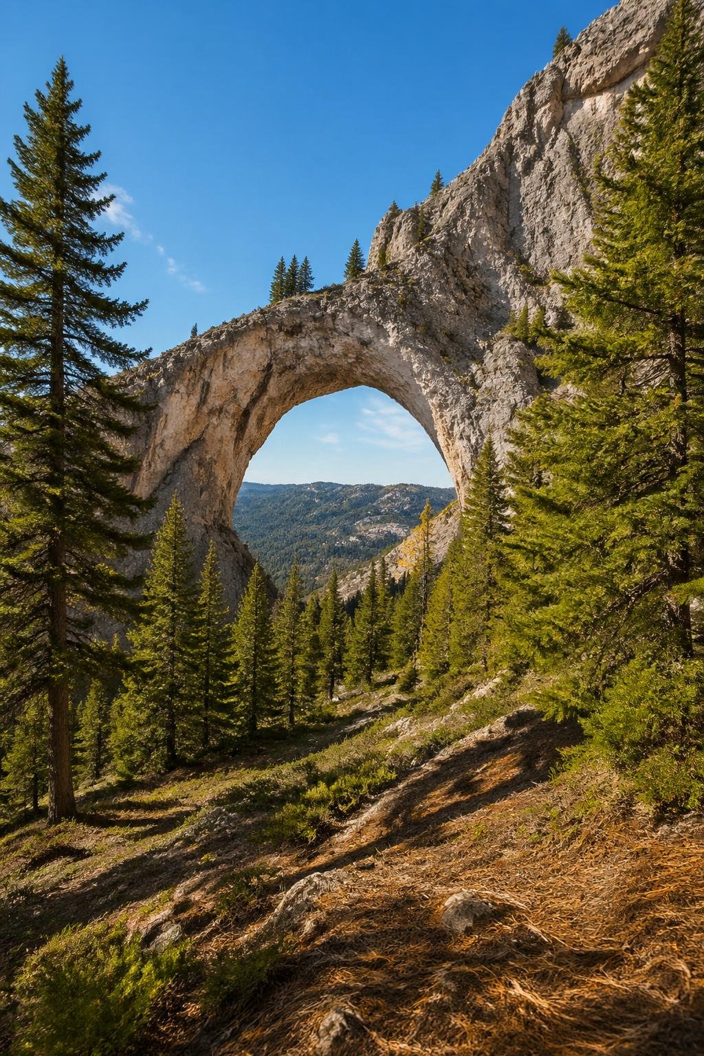 A large natural mountain arch surrounded by evergreen trees under a clear sky.