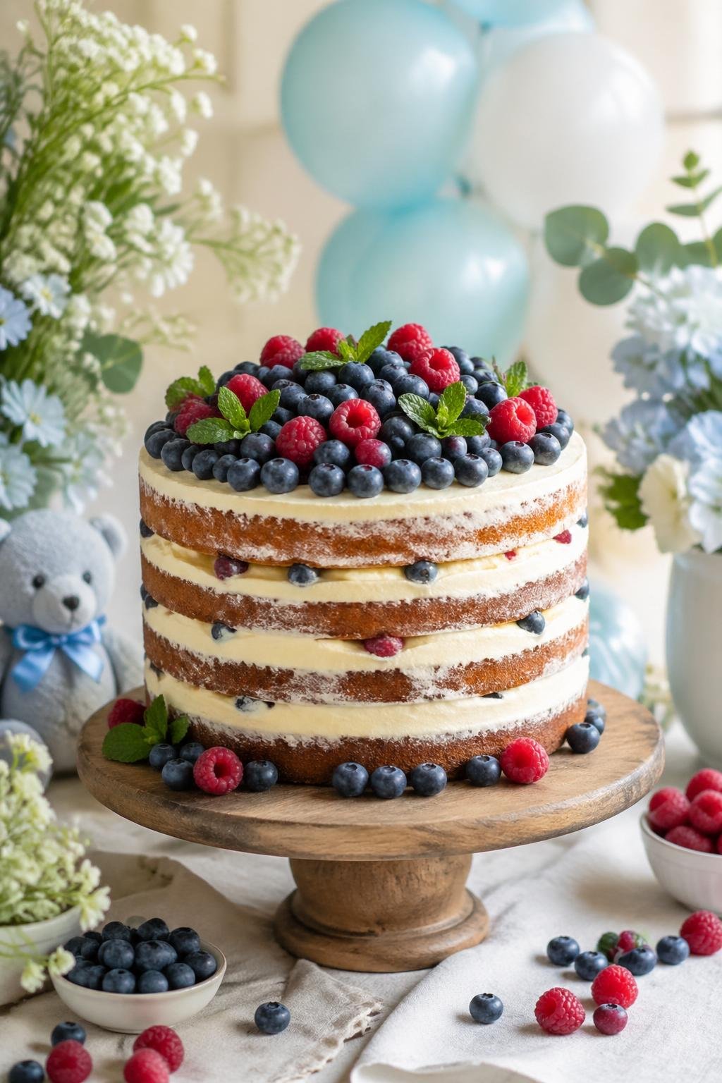A layered blueberry naked cake topped with fresh blueberries, raspberries, and mint leaves on a wooden stand, surrounded by fresh berries and baby shower decorations.