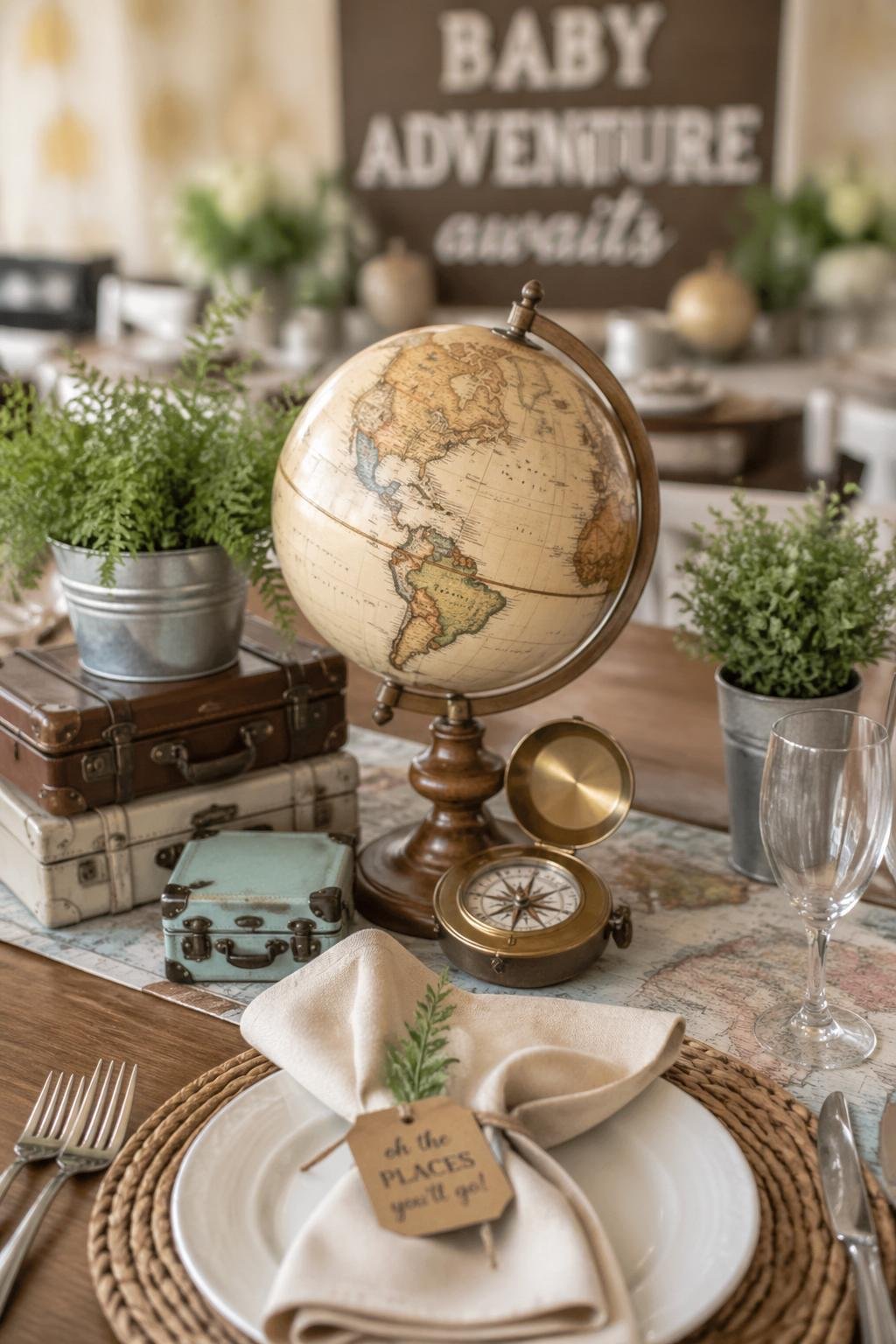 A table decorated with a mini globe, a vintage compass, plants, and travel-themed items for a baby shower.