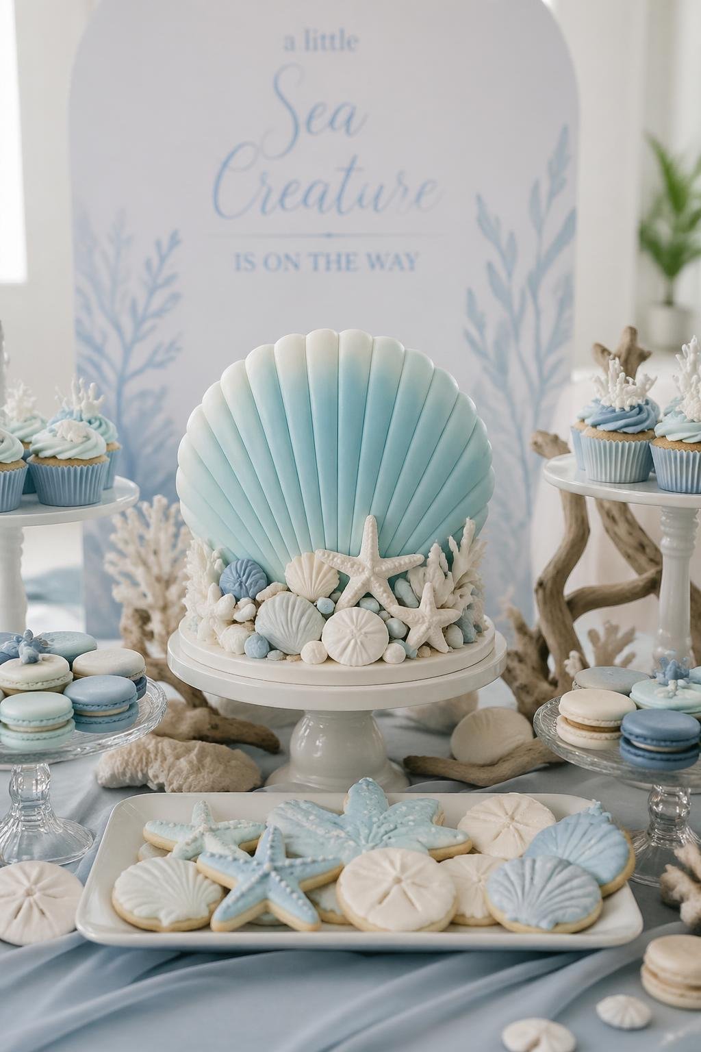 A dessert table decorated with blue and white ocean-themed treats including a seashell-shaped cake and various cupcakes and cookies.