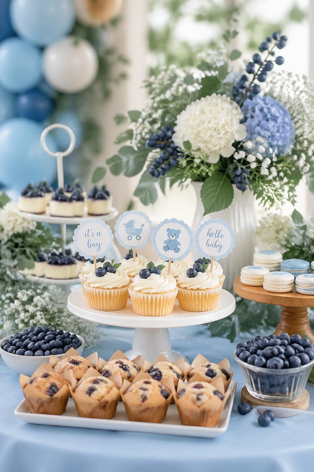A dessert table featuring blueberry-themed cupcakes with decorative toppers, muffins, bowls of fresh blueberries, and floral arrangements.