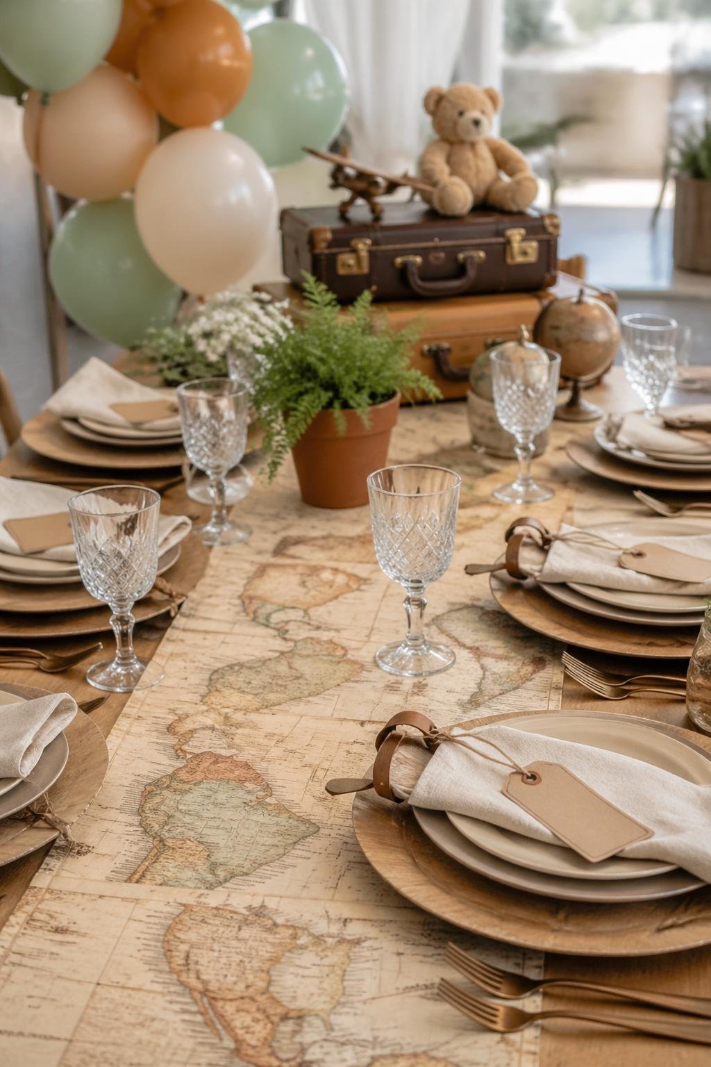 A baby shower table set with a vintage map-print runner and luggage tag place cards, decorated with plates, glassware, and travel-themed accents.