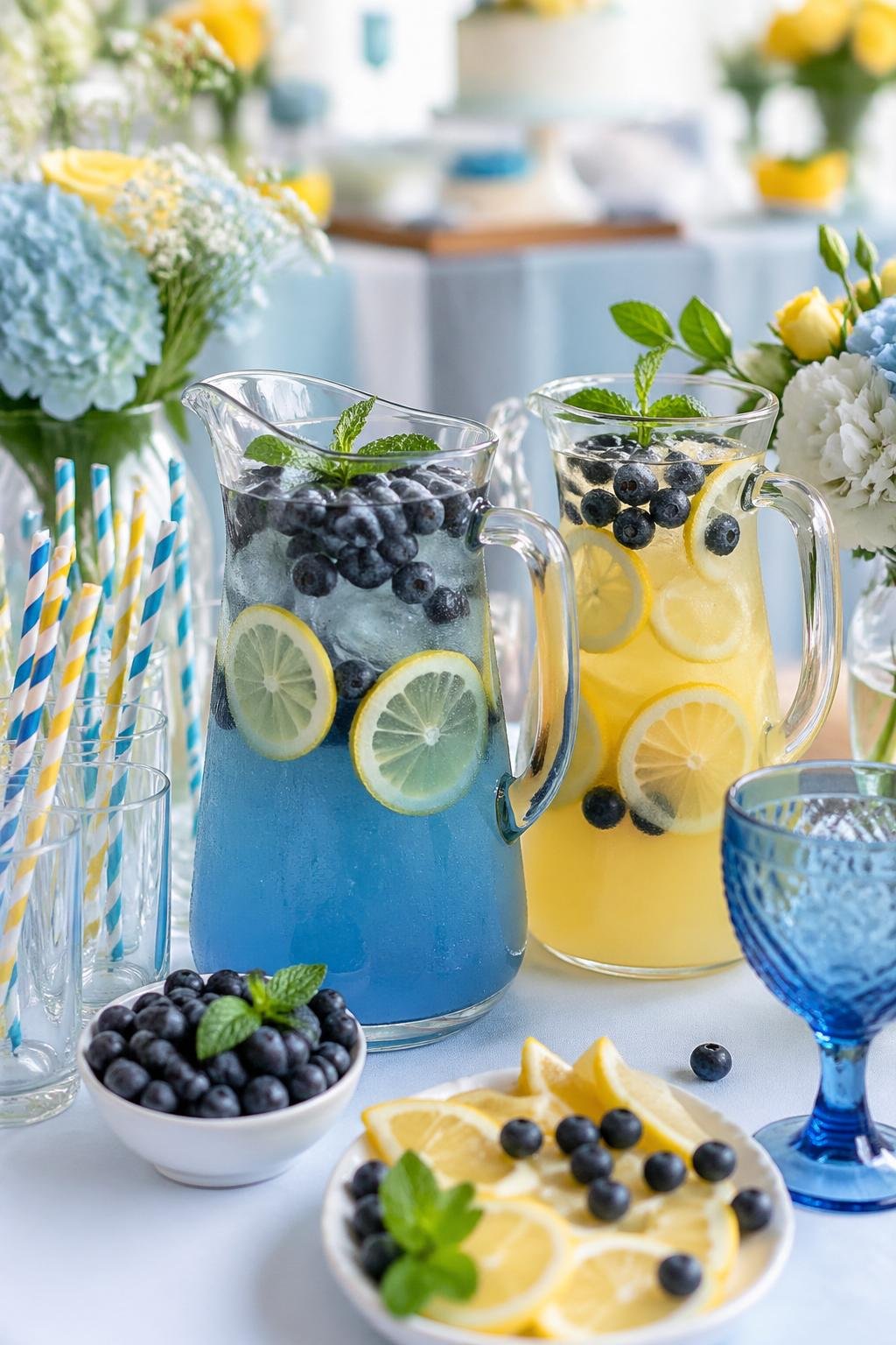 A table with pitchers and glasses of blueberry lemonade garnished with blueberries, lemon slices, and mint, decorated for a baby shower.