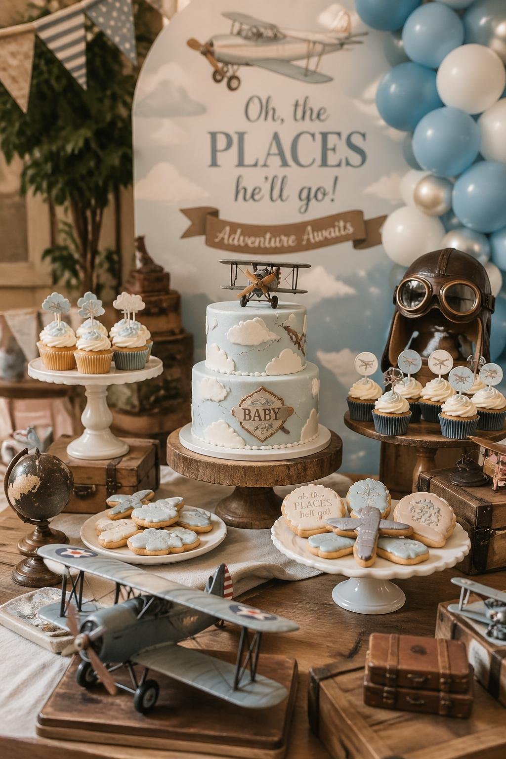 A dessert table decorated with vintage model airplanes and aviation-themed desserts for a baby shower.
