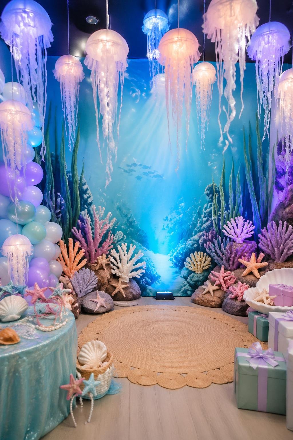 Under-the-sea themed photo booth decorated with hanging jellyfish and ocean elements for a baby shower celebration.