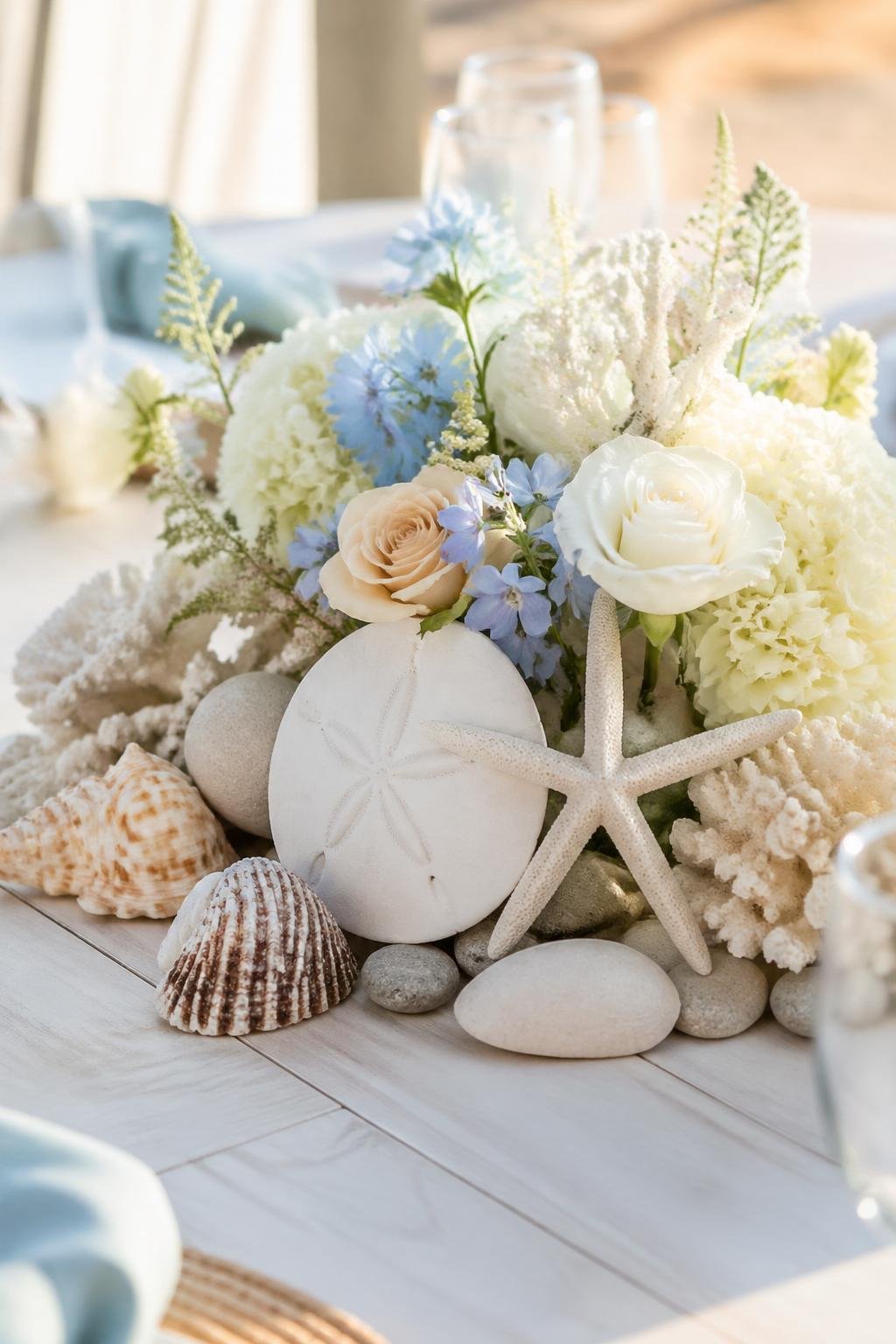 Table centerpiece with seashells, sand dollars, starfish, and pastel flowers arranged on a wooden table.