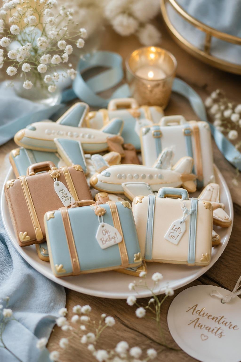 Close-up of sugar cookies shaped like suitcases and airplanes arranged on a wooden table with baby shower decorations.