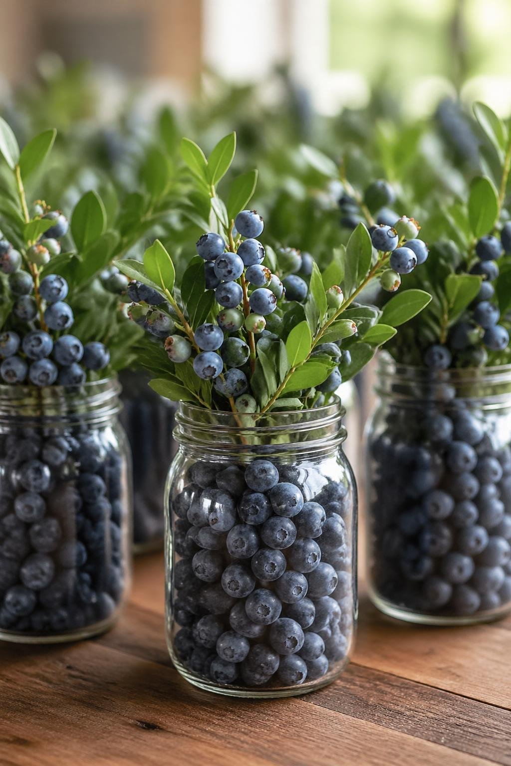 Mason jars filled with fresh blueberries and green leaves arranged as centerpieces on a wooden table.