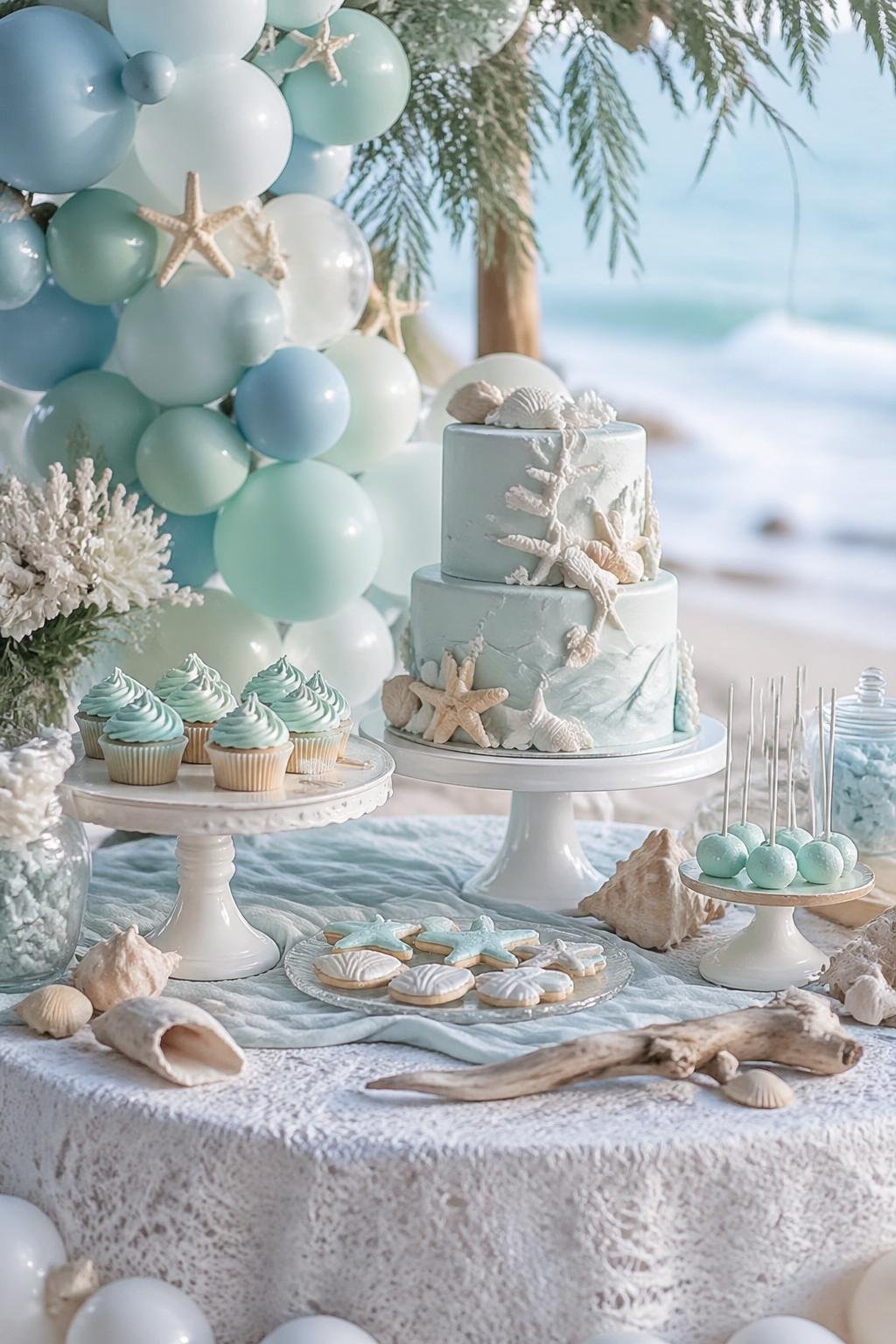 A baby shower setup with soft blue, seafoam, white, and sand colors featuring ocean-inspired decorations, balloons, desserts, and seashell accents.