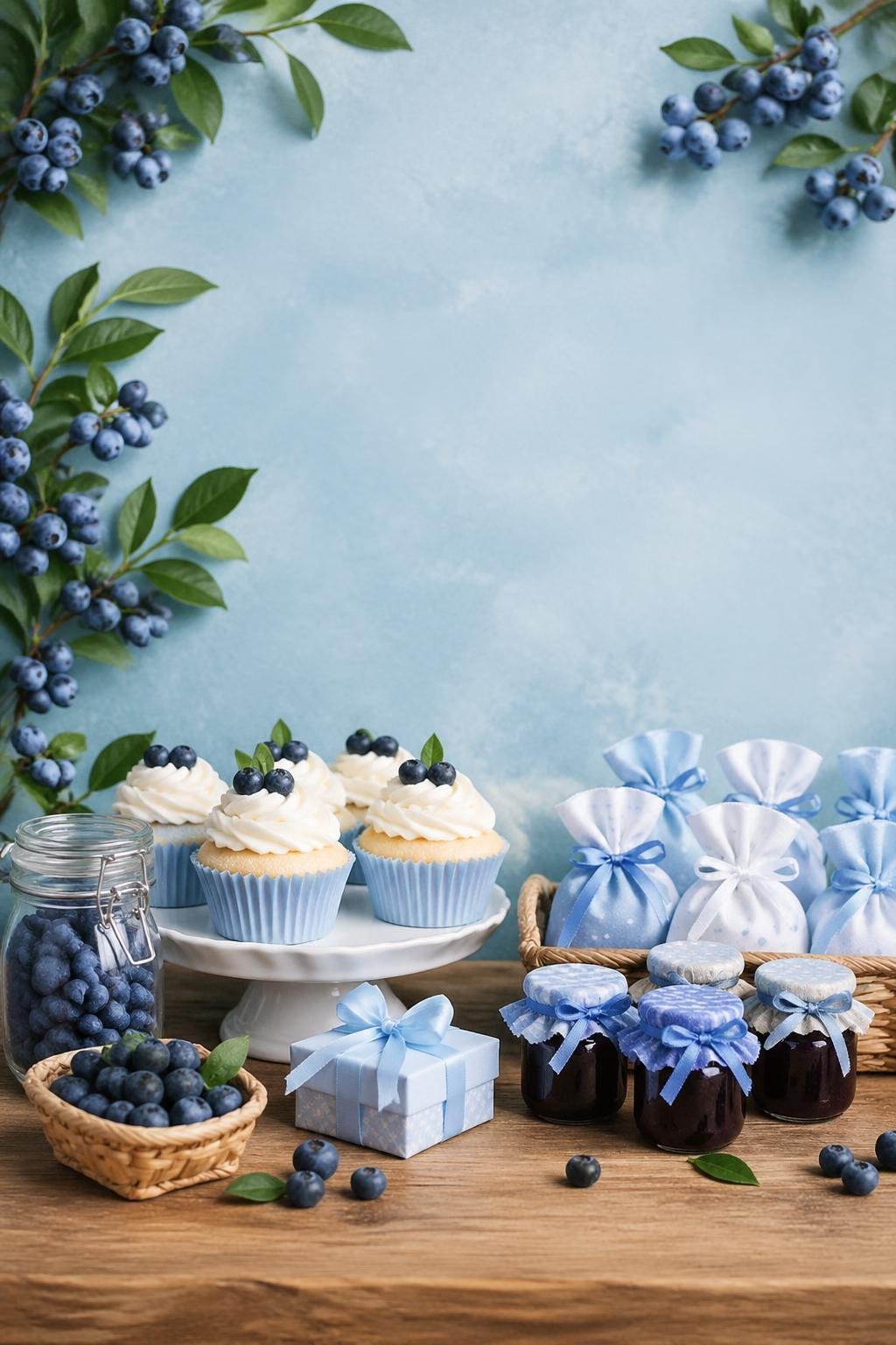 A blueberry-themed baby shower setup with a pastel blue backdrop, fresh blueberries, cupcakes, and baby shower favors arranged on a wooden table.