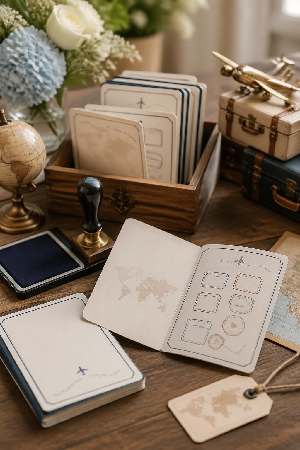 A baby shower table setup with passport-themed game cards and a stamp station, decorated with travel-related items like small globes and miniature airplanes.