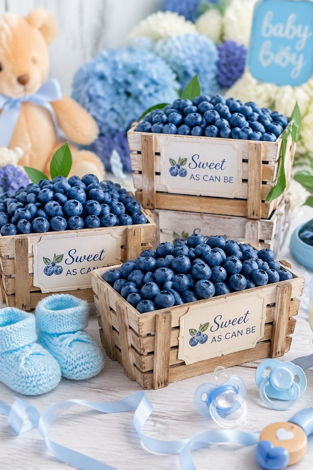 Wooden berry crates filled with artificial blueberries arranged on a table with baby shower decorations.