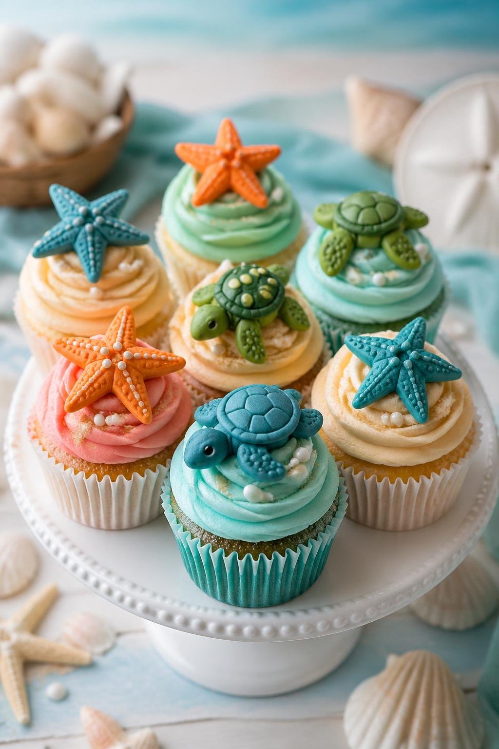 A display of cupcakes topped with edible starfish and turtle decorations arranged on a stand with ocean-themed decorations in the background.