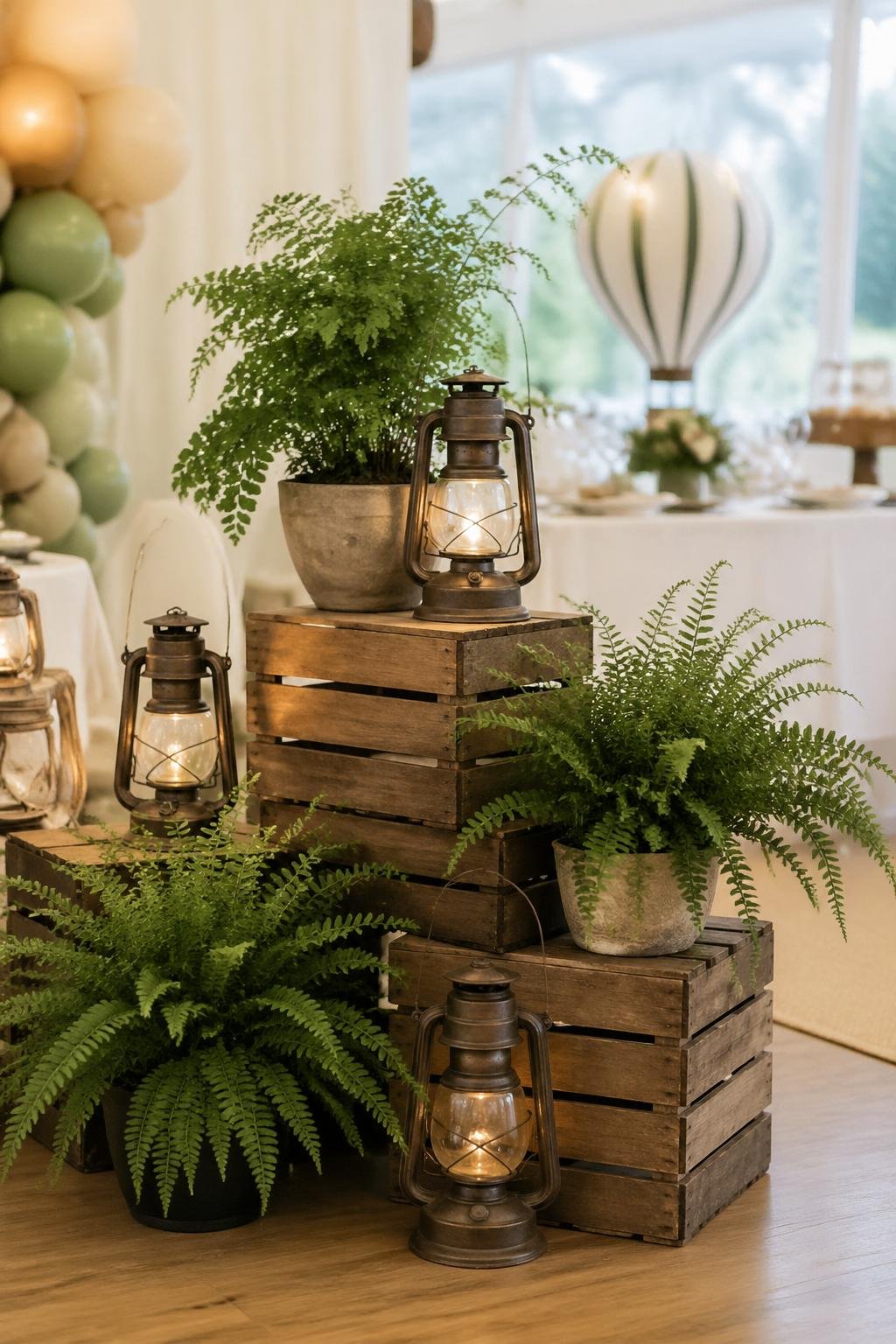 An entry display with wooden crates, vintage lanterns, and potted green ferns arranged together.