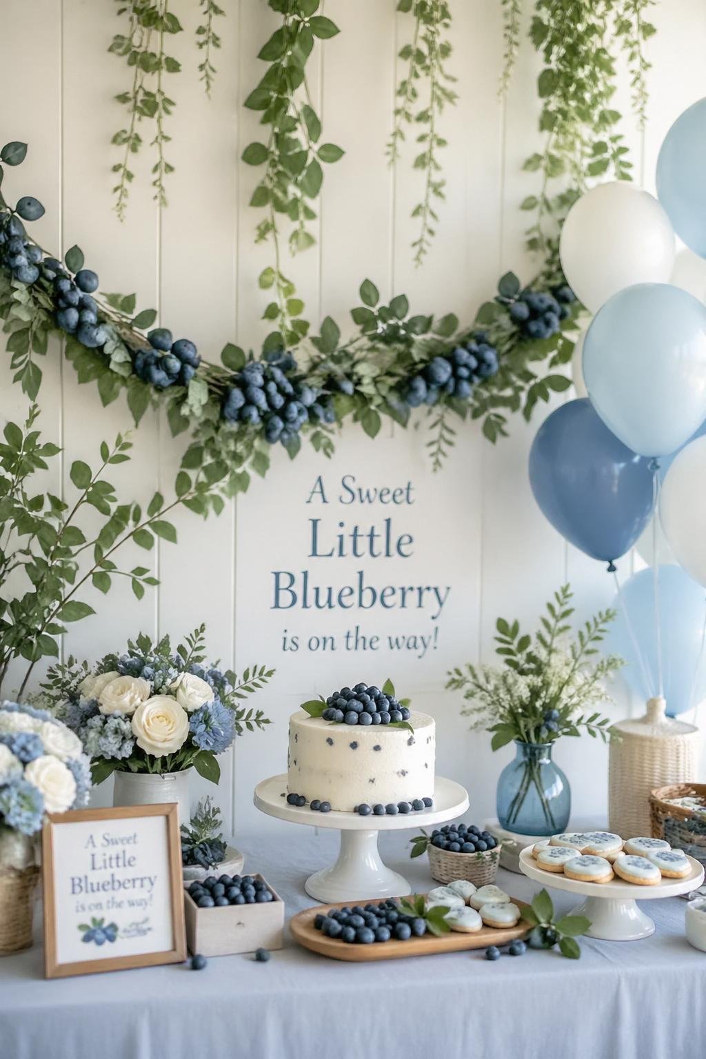 A baby shower setup decorated with blueberry garlands and hanging green vines around a table with blueberry-themed decorations.