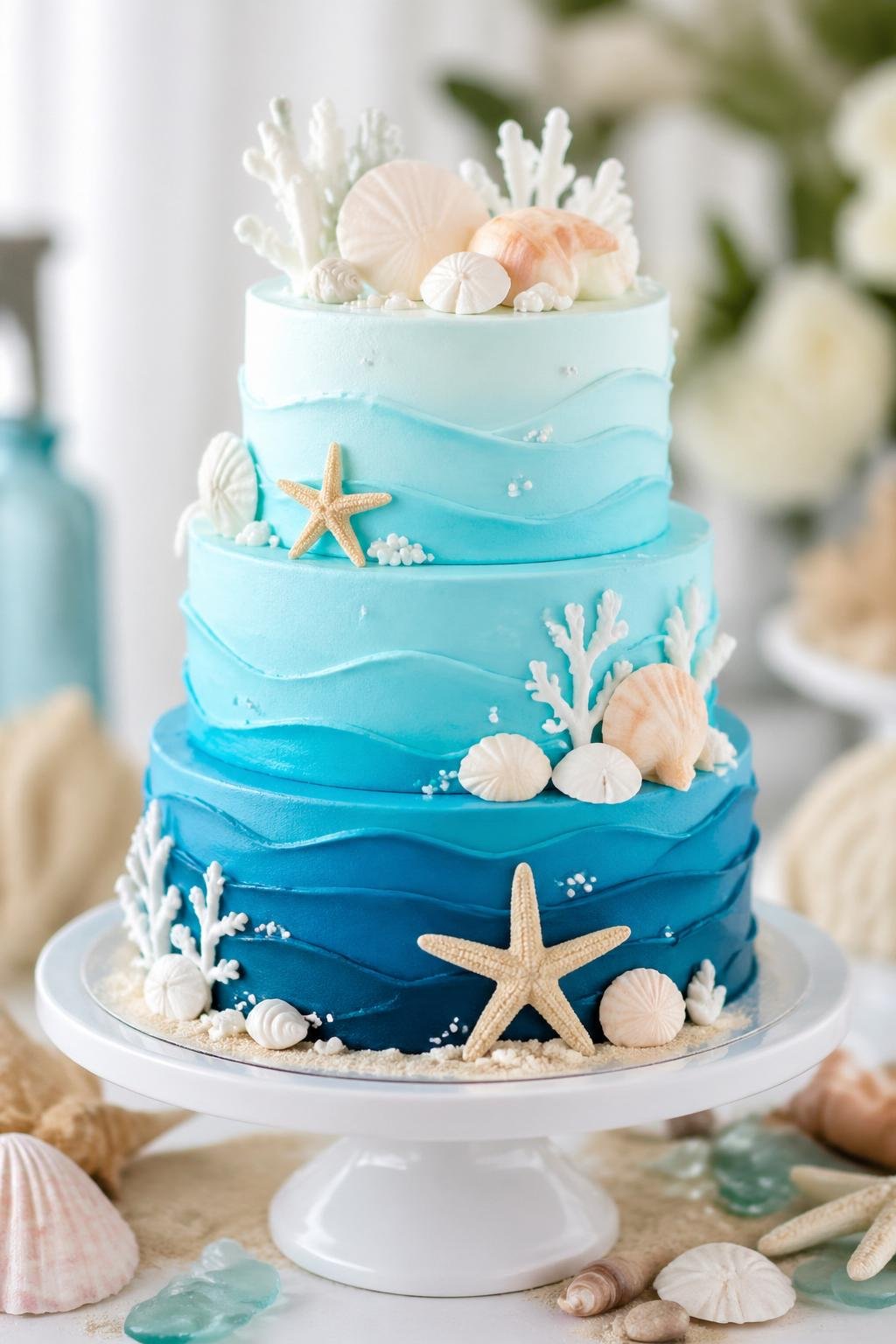 A multi-layered blue ombre cake decorated with edible seashells and starfish on a white cake stand.