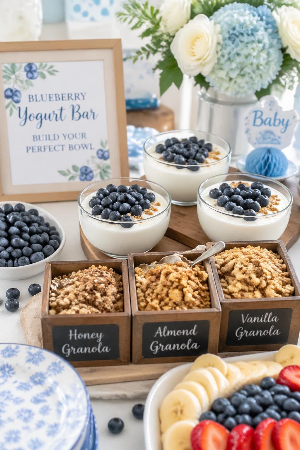 A table set with bowls of yogurt topped with blueberries and granola, surrounded by fresh fruits and baby shower decorations.