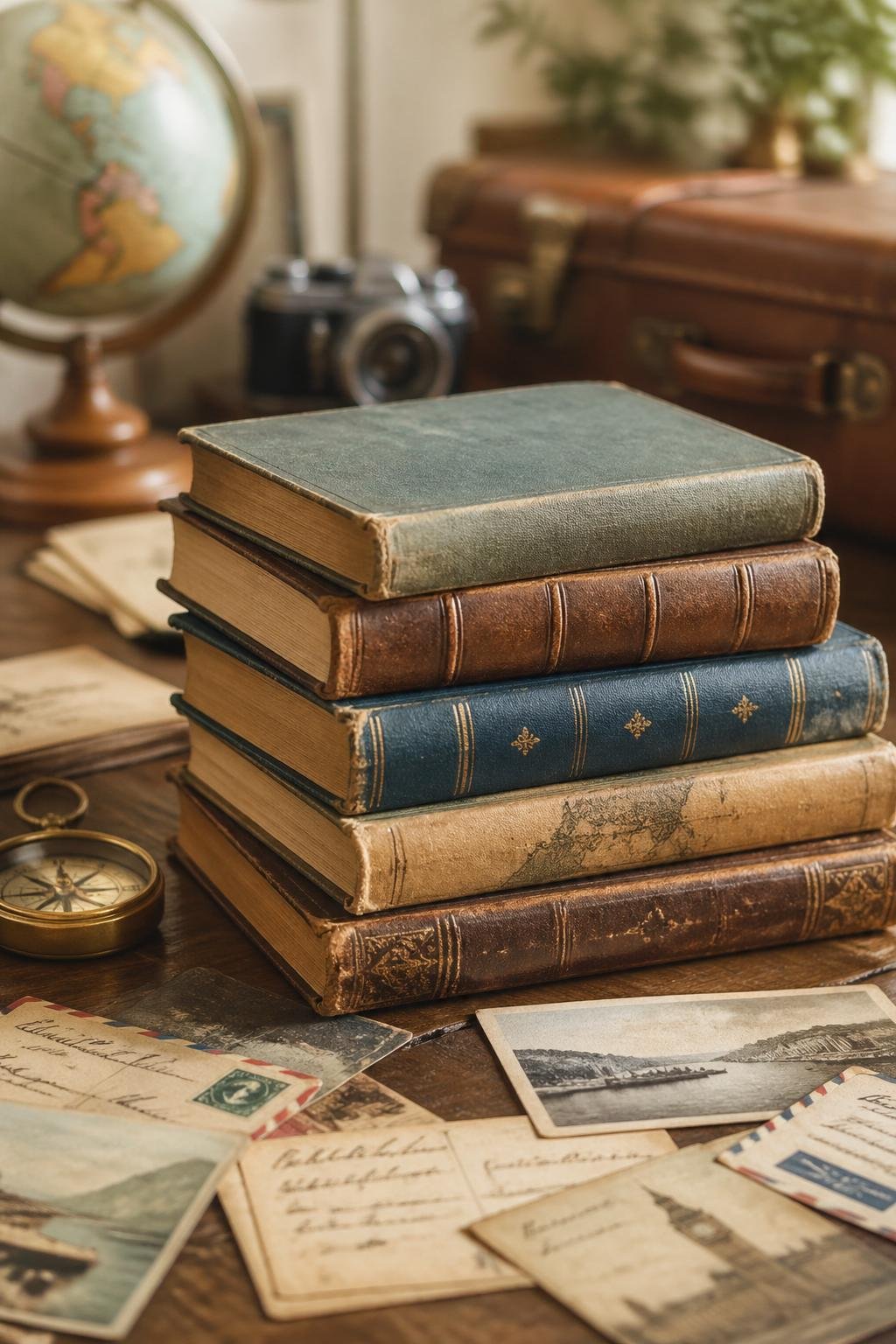 Stack of vintage travel books and scattered old postcards arranged on a wooden surface.