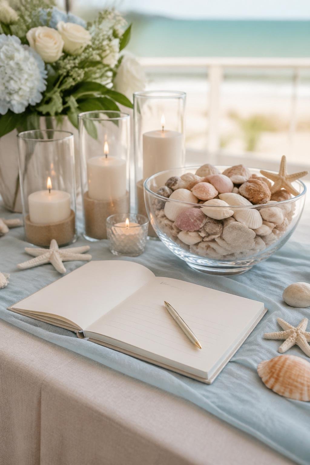 A coastal welcome table with a guest book, a bowl of seashells, and lit candles arranged for a baby shower.