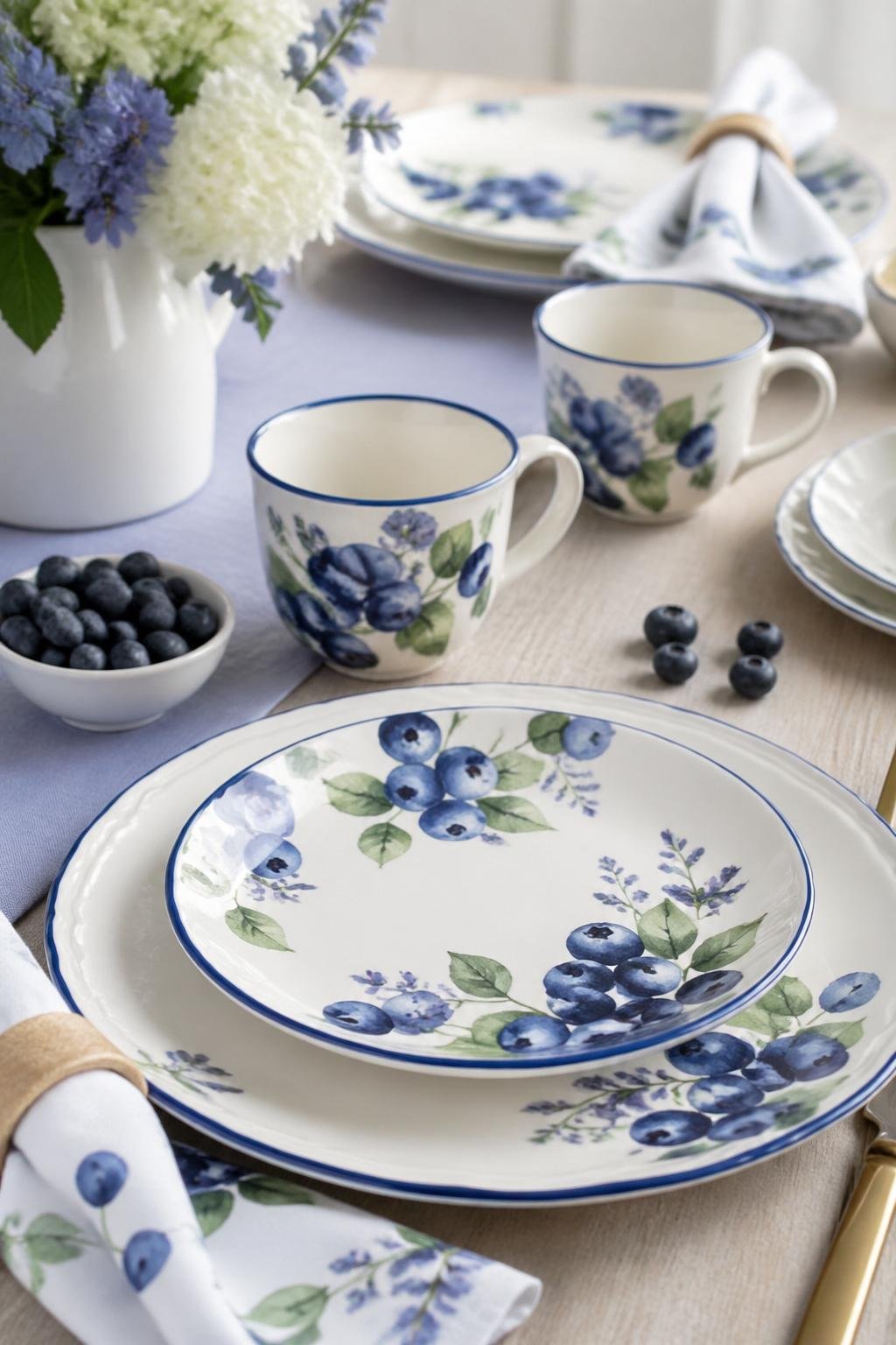 A table set with plates, cups, and napkins decorated with blueberry designs for a baby shower.