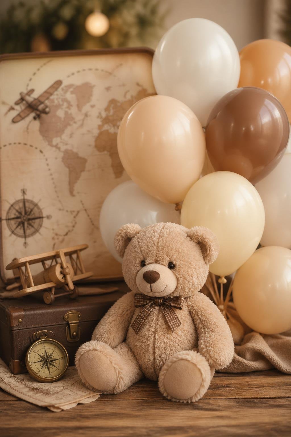 A neutral-colored teddy bear sitting next to pastel balloons with small adventure-themed decorations on a wooden surface.