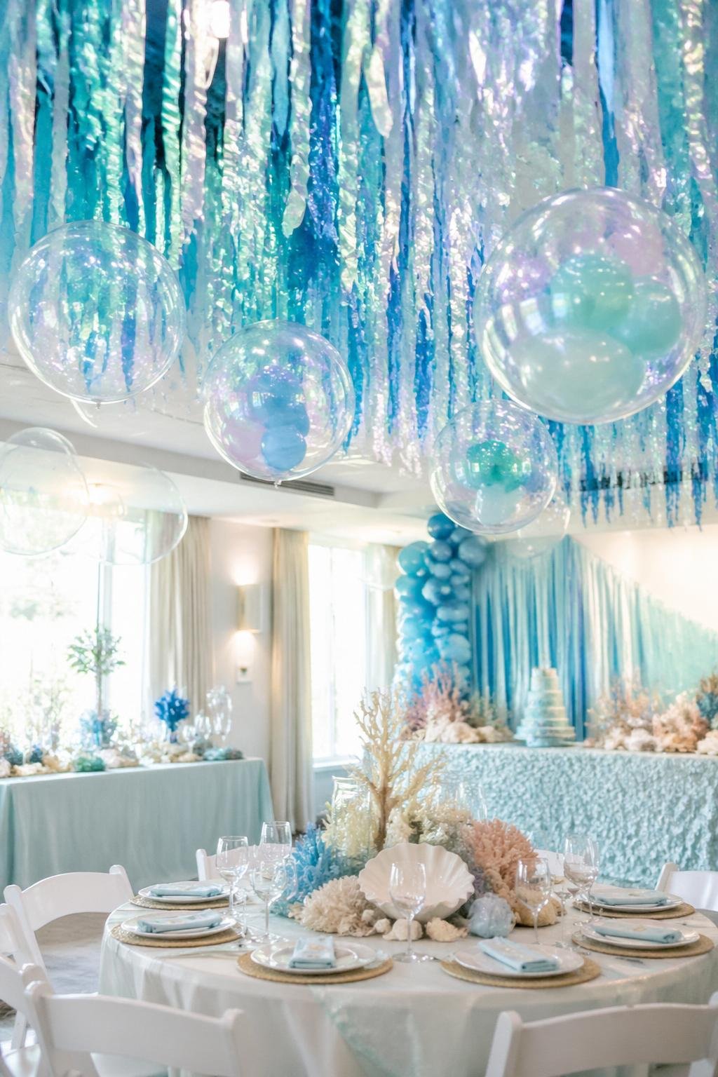 Ceiling decorated with iridescent blue and silver streamers and transparent bubble balloons at an ocean-themed baby shower.