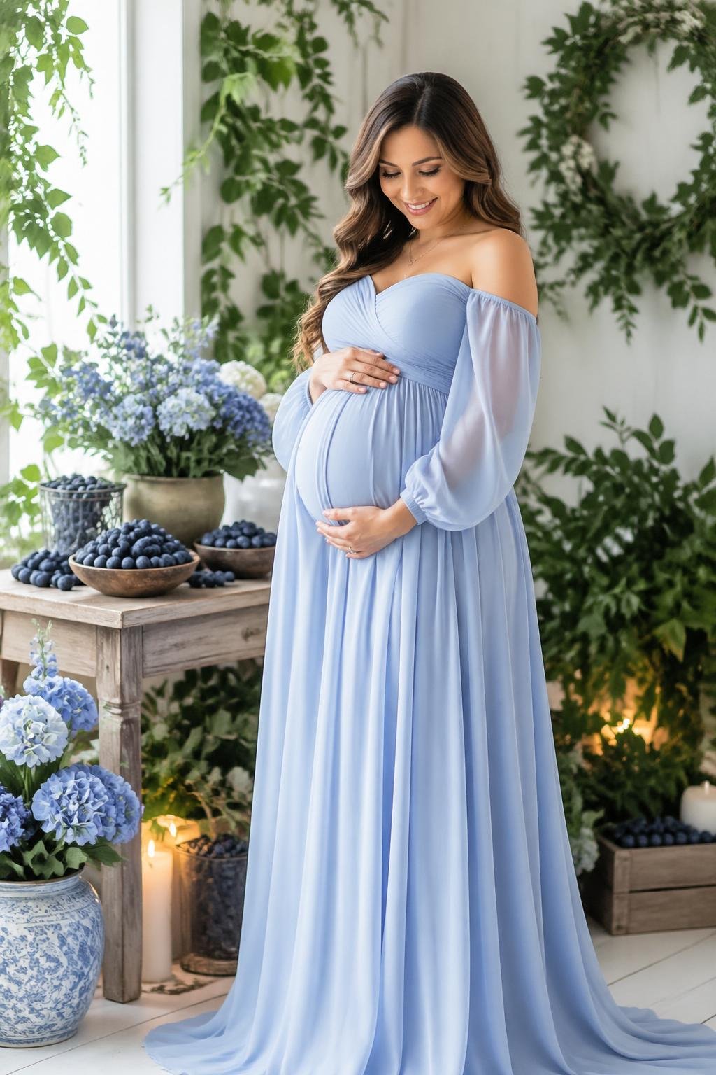 Pregnant woman in a powder blue dress standing in a room decorated with greenery and blueberry-themed accents, gently holding her baby bump.