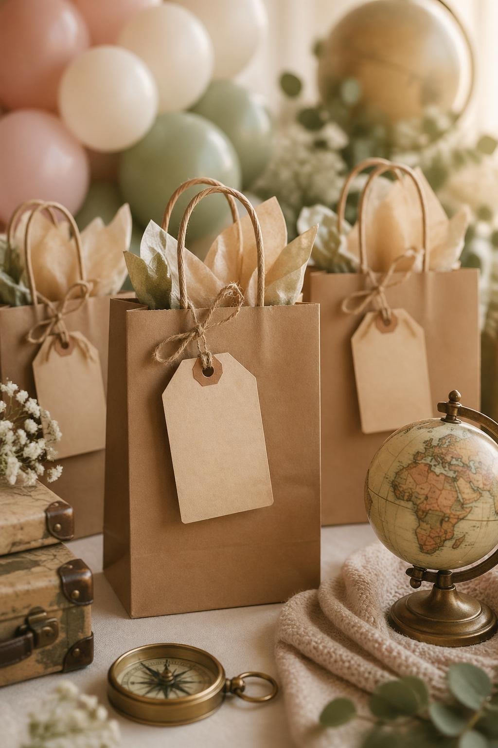 A display of brown favor bags with attached luggage tags surrounded by small globes, compasses, and pastel balloons on a softly lit surface.
