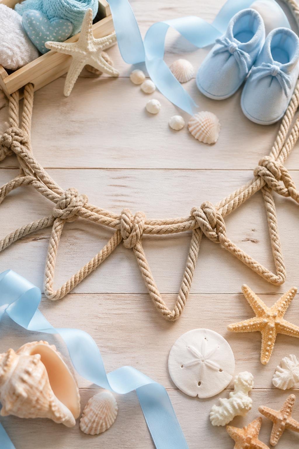 A nautical-themed baby shower setup with a coiled rope banner surrounded by seashells, starfish, and pastel baby decorations on a wooden surface.