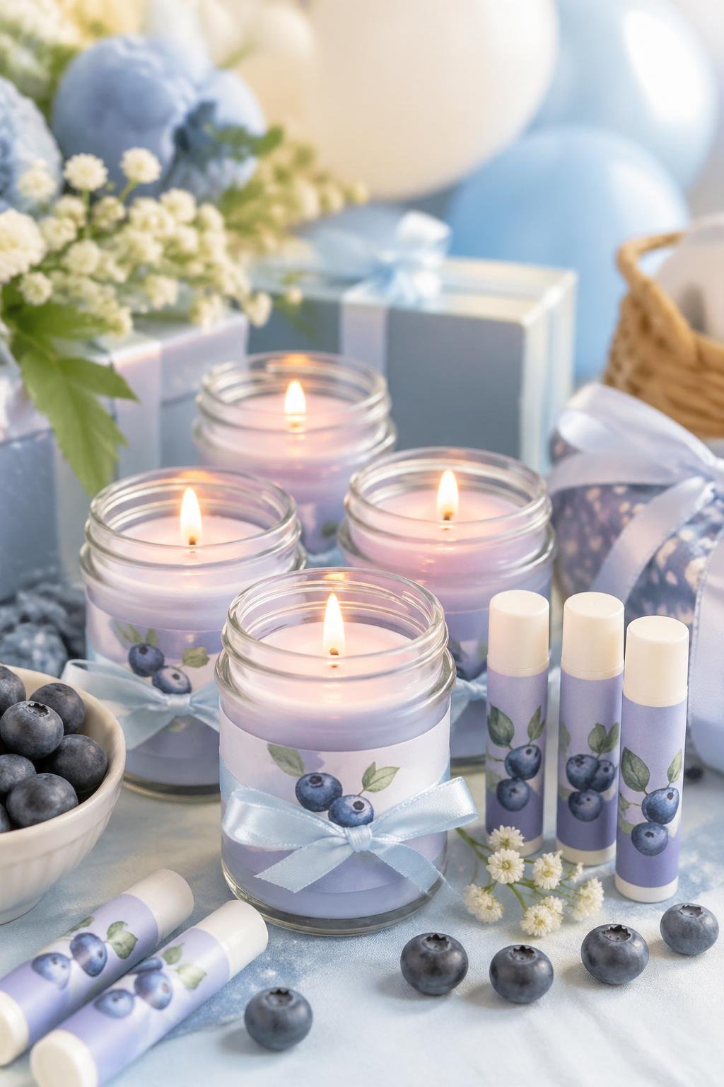 A table with blueberry scented candles and blueberry lip balm party favors arranged for a baby shower celebration.