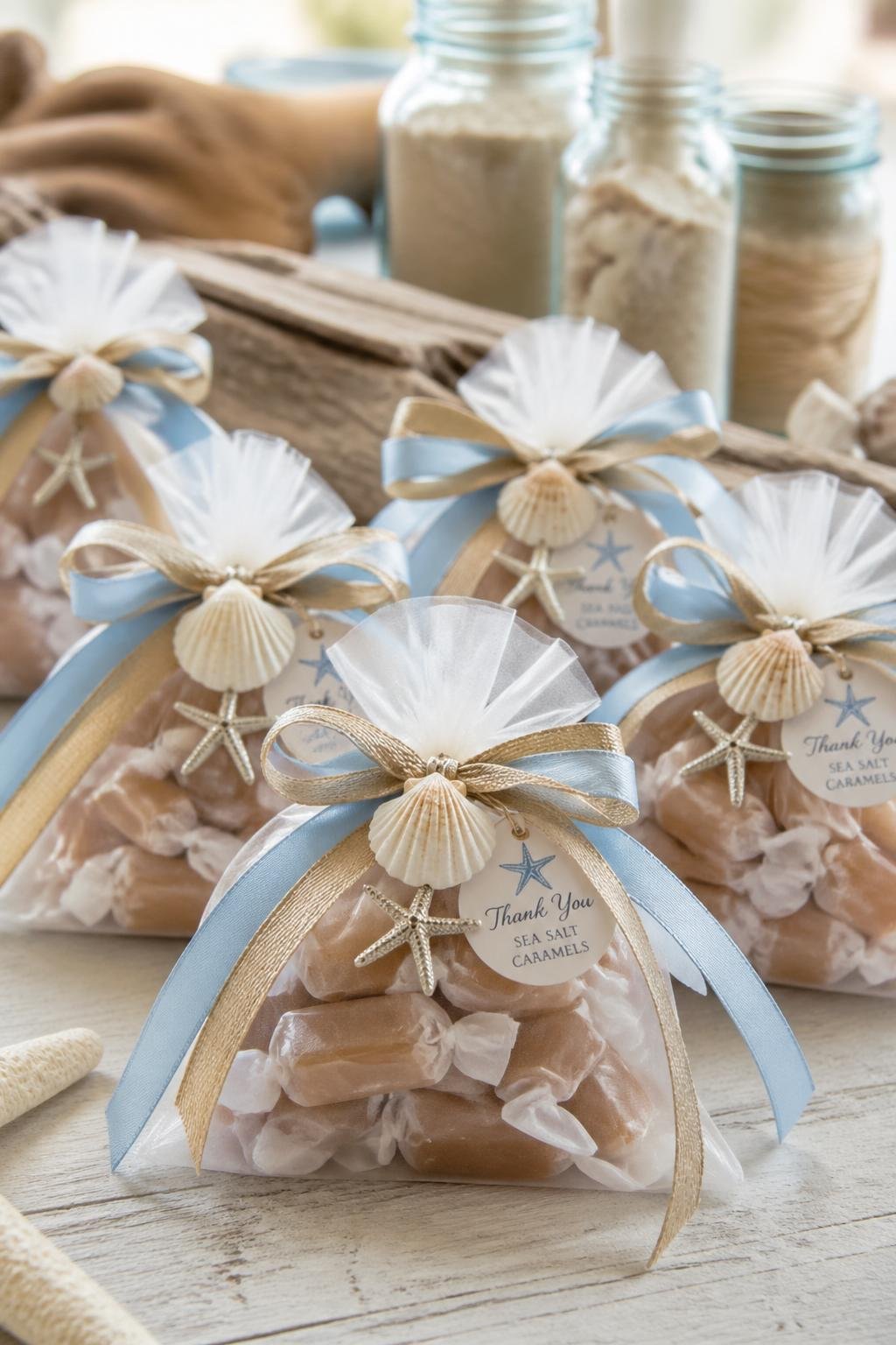 Beach-inspired favor bags filled with mini sea salt caramels arranged on a wooden table with seashell and beach decor.