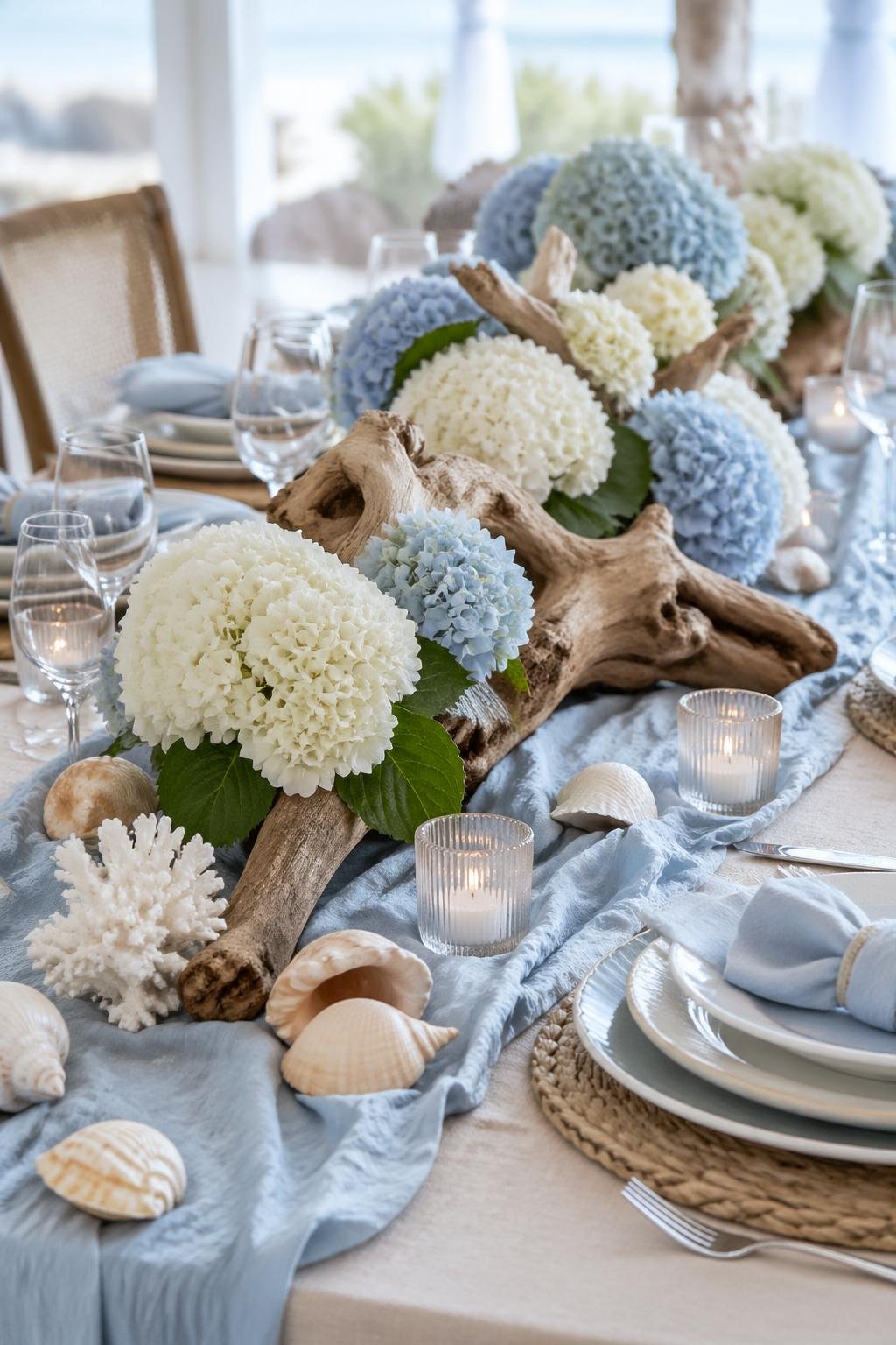 A table decorated with driftwood, hydrangea flowers, coastal linens, seashells, and candles arranged for a celebratory event.