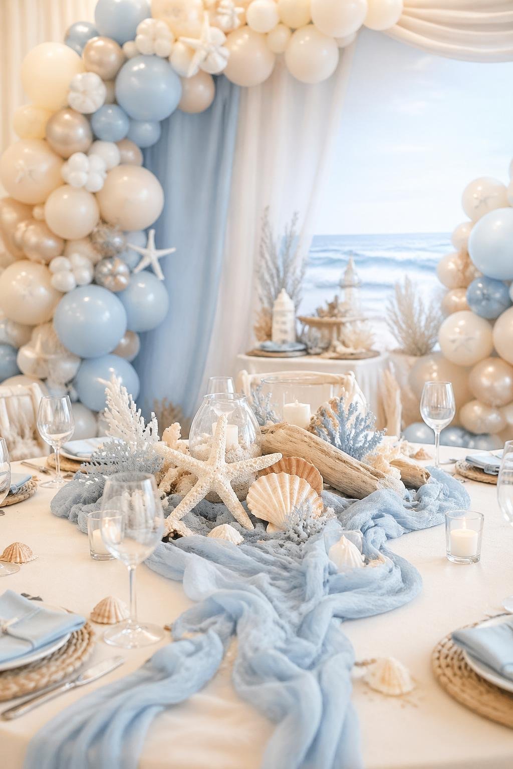 A baby shower setup with beige and blue decorations featuring sea creatures like starfish and seashells on a table with natural ocean elements.